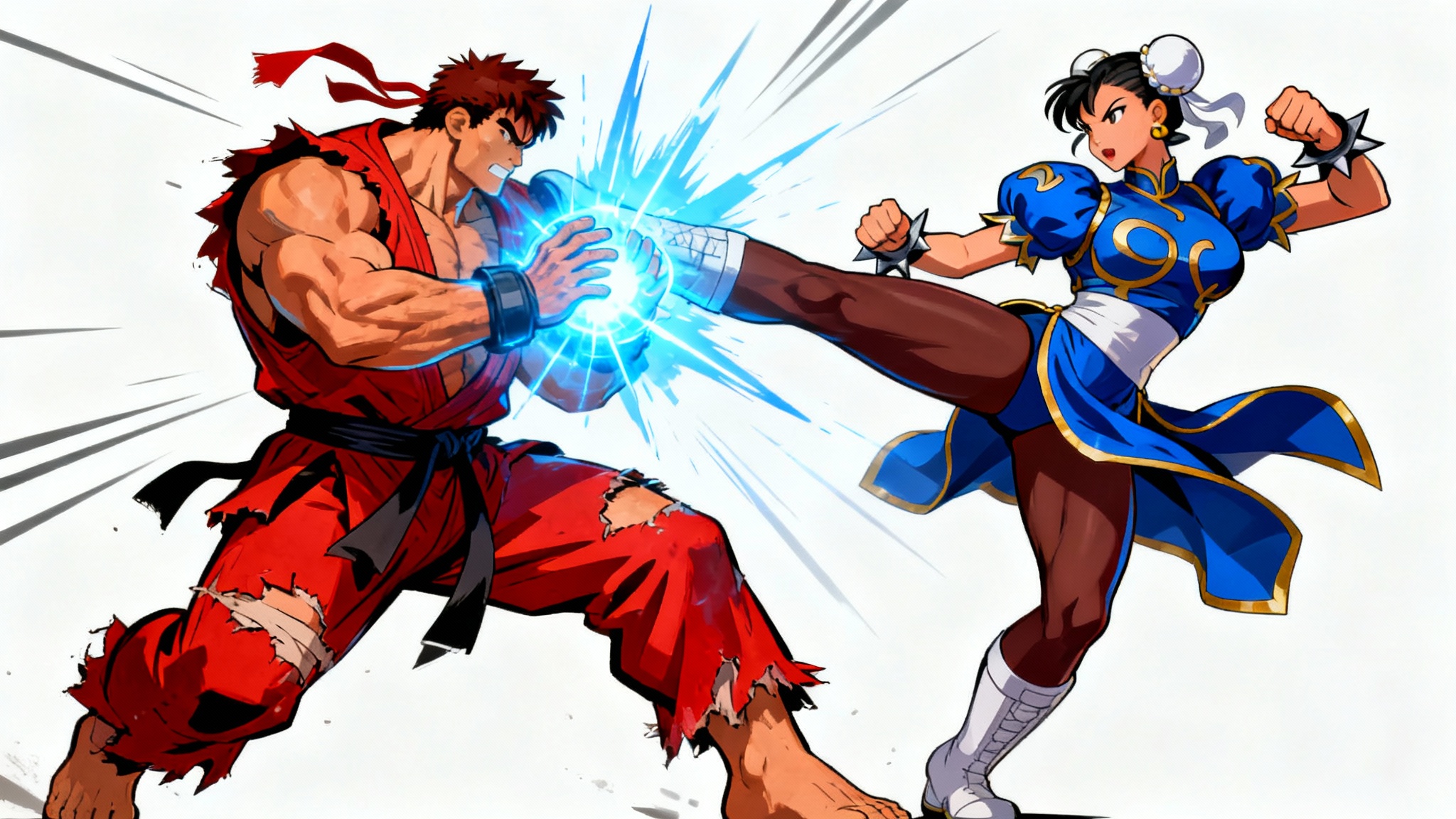 A vibrant digital art piece in the style of Street Fighter, featuring two original characters fighting against a plain white background. A male fighter in red throws a blue energy ball, while a female fighter in blue executes a high kick.