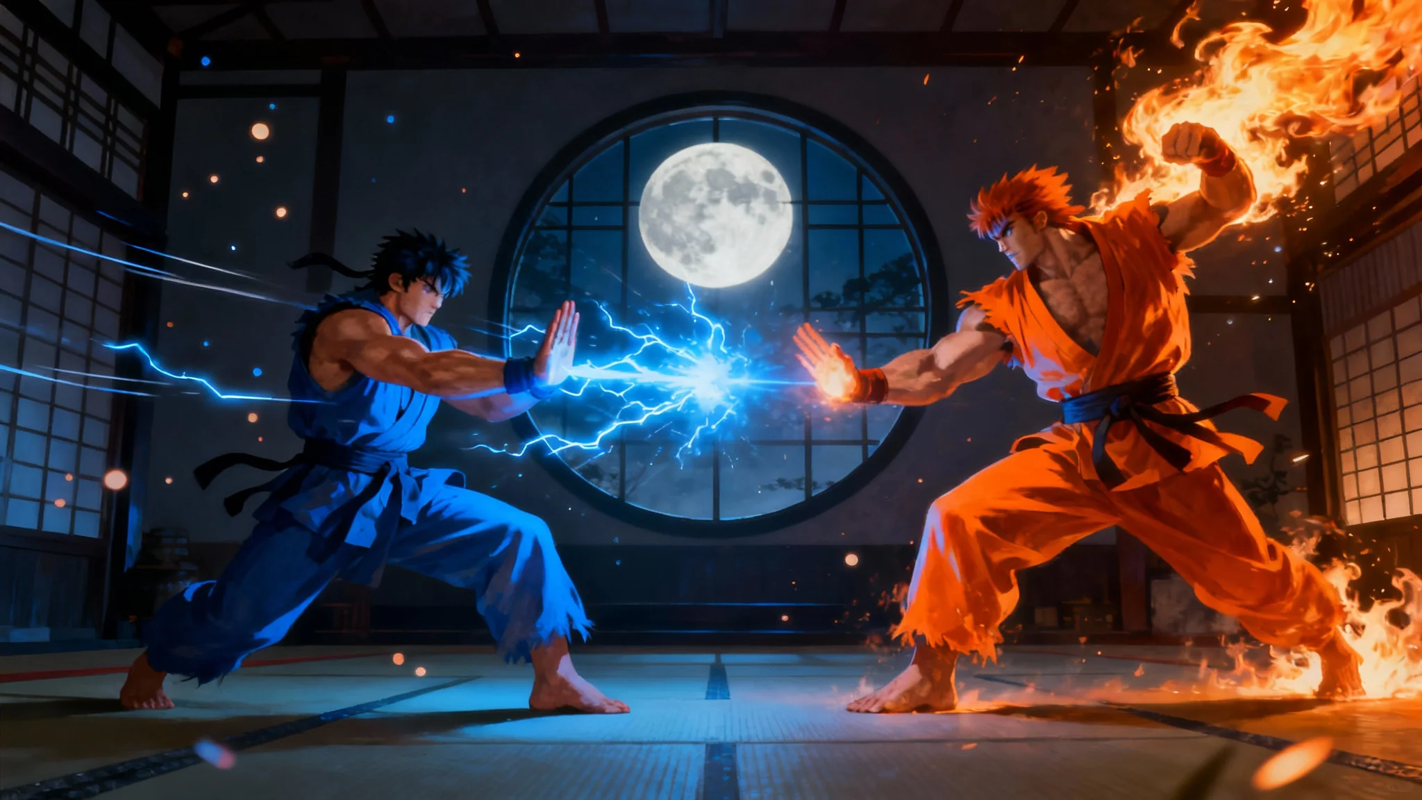 A dynamic digital art piece depicting the Street Fighter characters Ryu and Ken in a fierce battle inside a Japanese dojo. Ryu is firing a blue Hadouken energy ball while Ken performs a fiery Shoryuken uppercut.