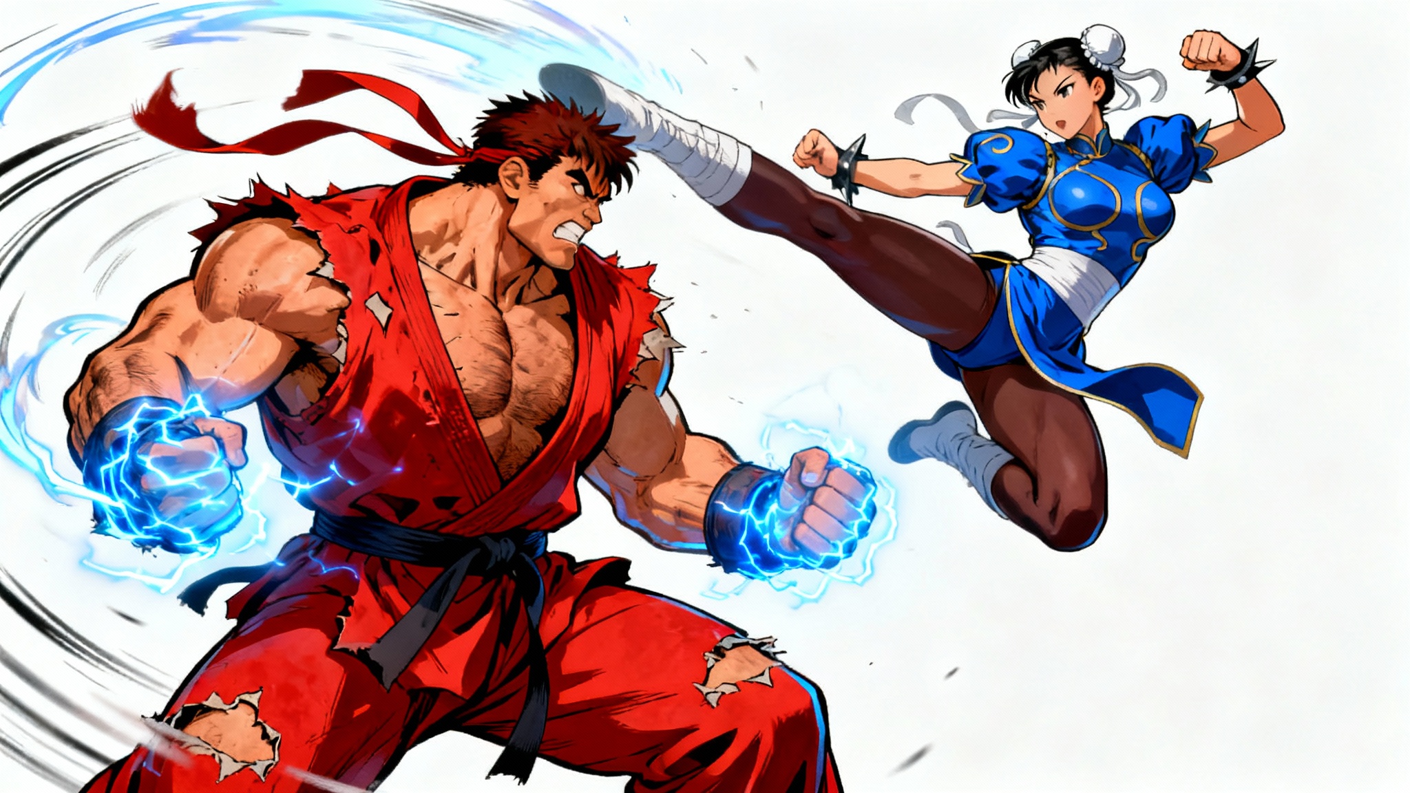 An action-packed digital illustration in the style of a Street Fighter video game, showing a male martial artist in red preparing an energy attack against a female martial artist in blue who is mid-air, delivering a kick.