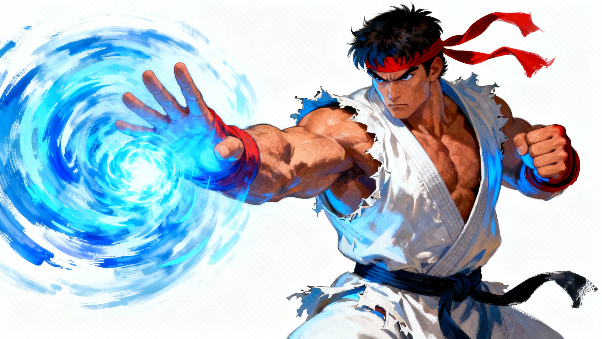 A powerful digital painting of Ryu from Street Fighter unleashing a glowing blue Hadoken, set against a solid white background.