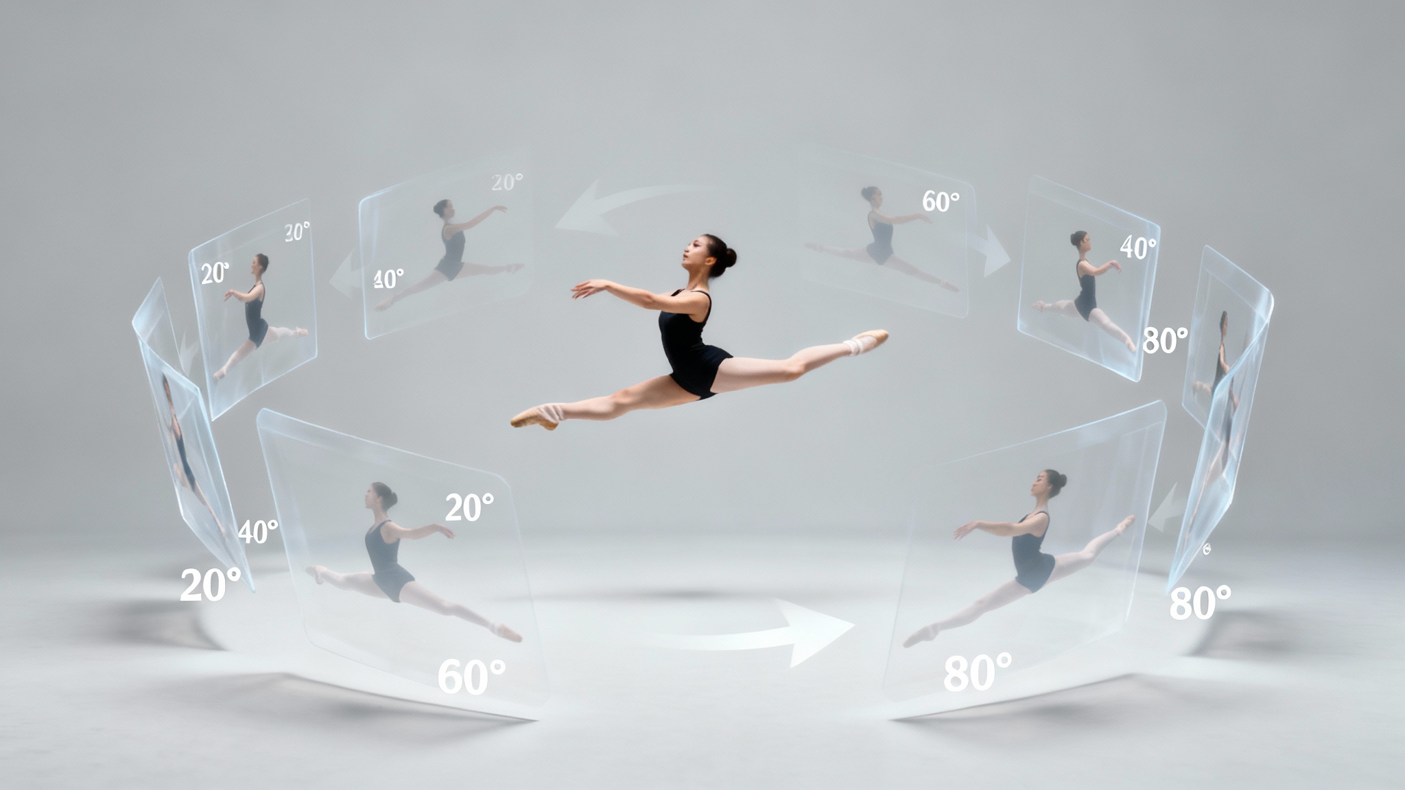 A dynamic hero image showing a central photo of a dancer, with semi-transparent copies of the same photo rotated around her in an arc, demonstrating an image rotation tool.