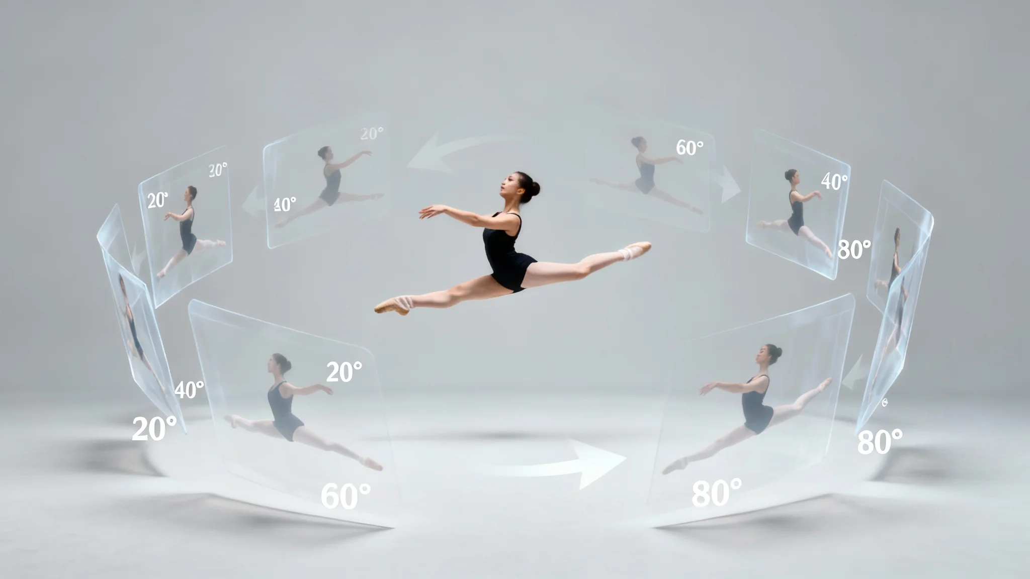 A dynamic hero image showing a central photo of a dancer, with semi-transparent copies of the same photo rotated around her in an arc, demonstrating an image rotation tool.