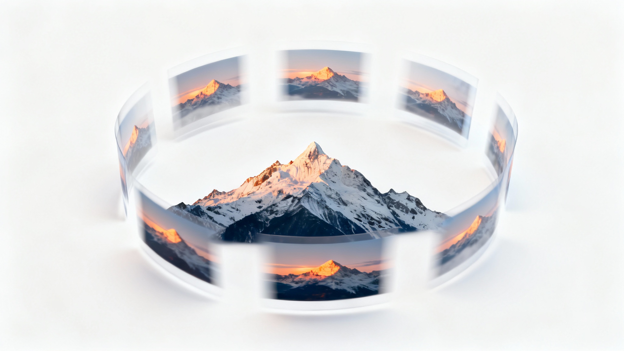 A central, clear photograph of a mountain, surrounded by semi-transparent copies of the same photo rotated at various angles, visually representing an image rotation function on a clean white background.