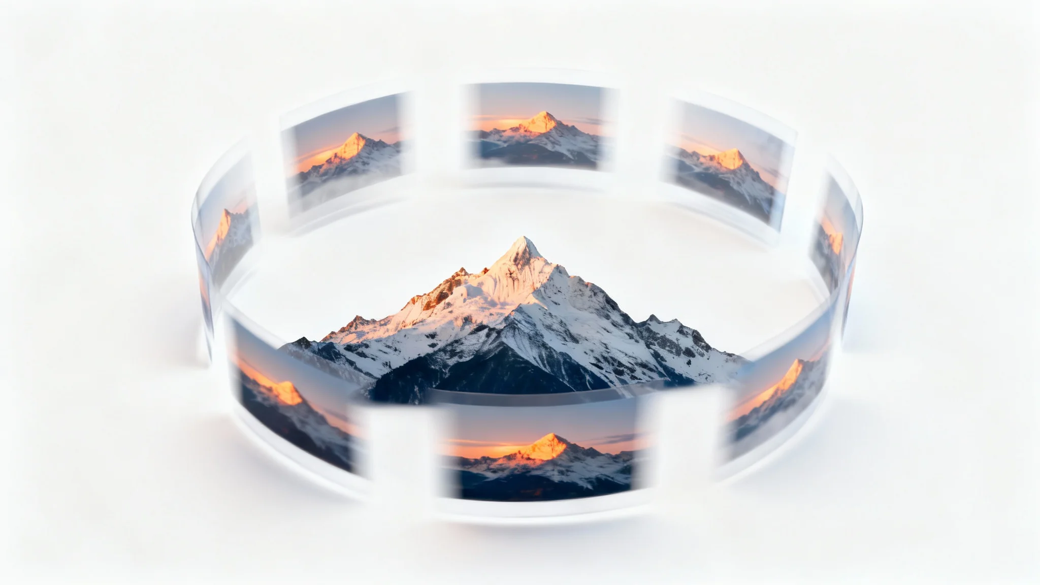 A central, clear photograph of a mountain, surrounded by semi-transparent copies of the same photo rotated at various angles, visually representing an image rotation function on a clean white background.
