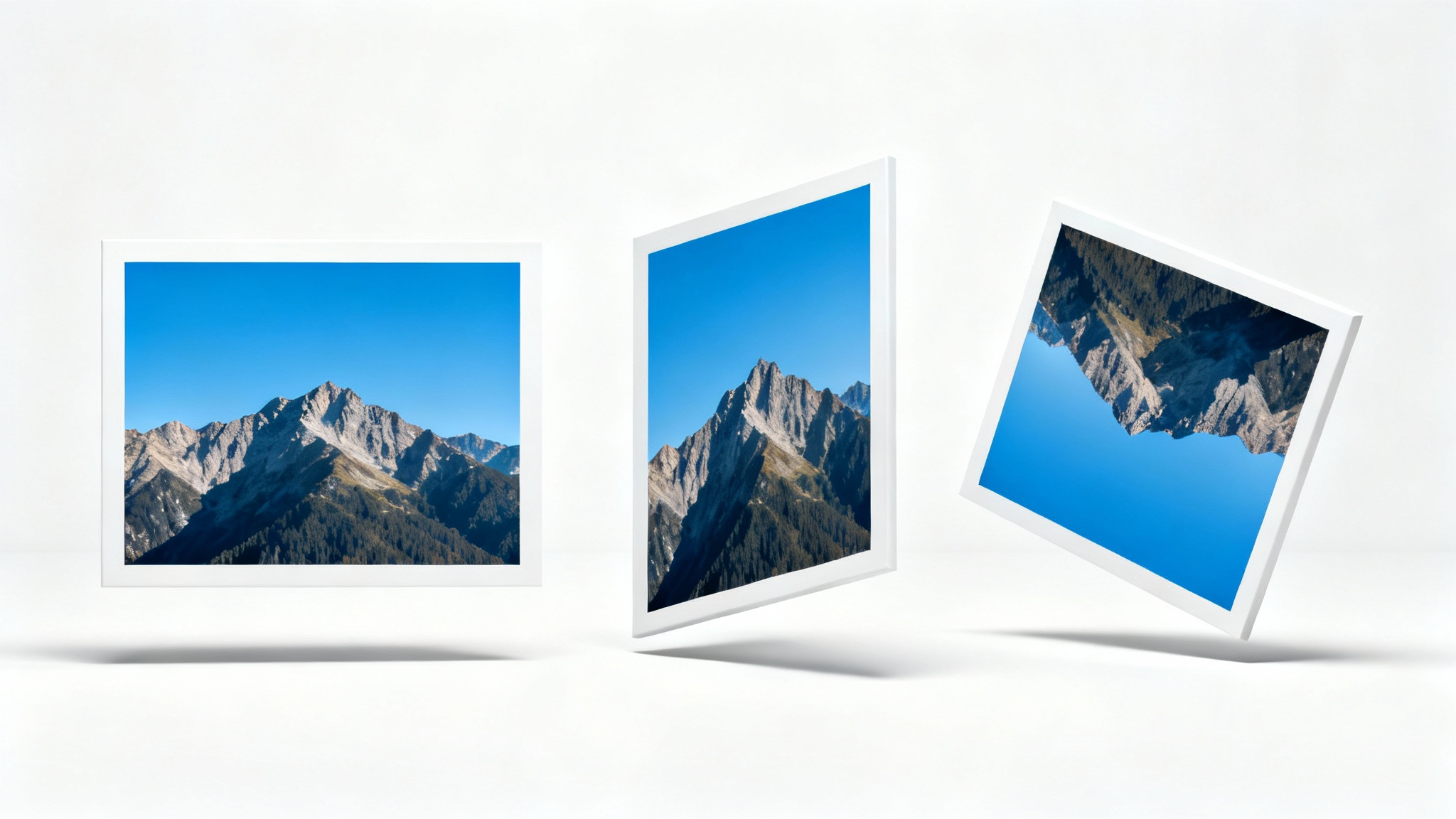 A conceptual mockup demonstrating image rotation, featuring a mountain landscape photo shown in three stages: original, rotated 90 degrees, and rotated 180 degrees, against a clean white background.