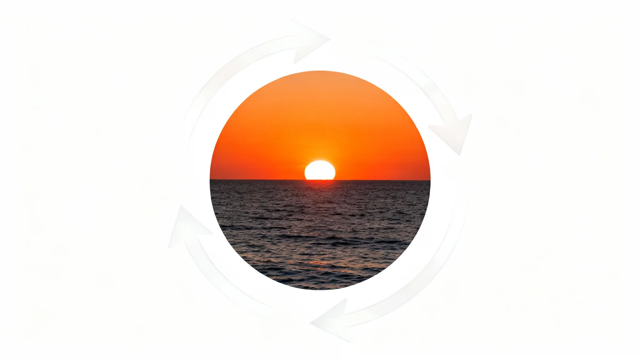 A conceptual image demonstrating image rotation. A tilted photograph of an ocean sunset is centered on a white background, with subtle arrows indicating it can be rotated straight.