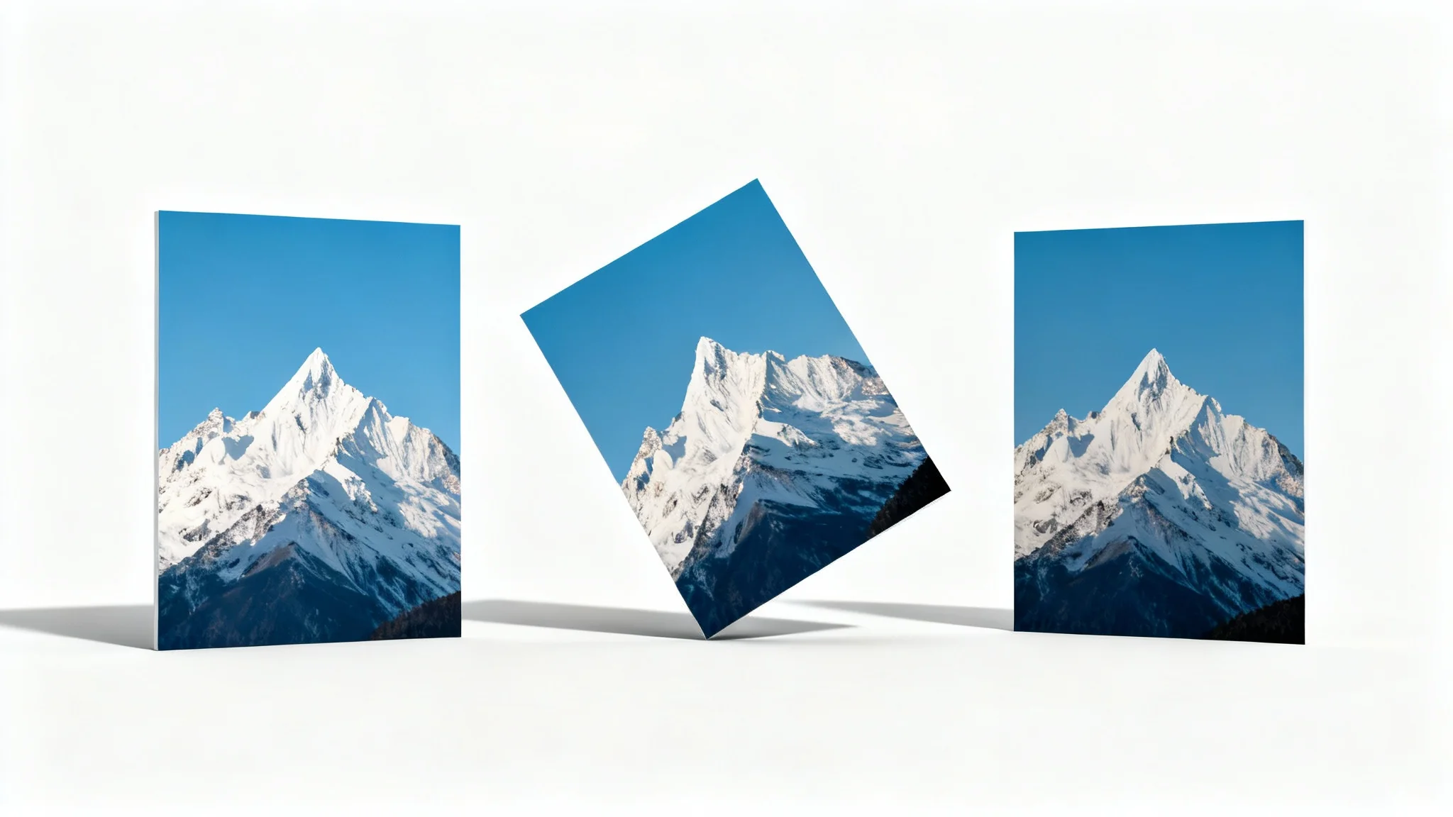 A mockup illustrating the 'rotate image' feature, showing three prints of a mountain landscape on a white background, each rotated more than the last.
