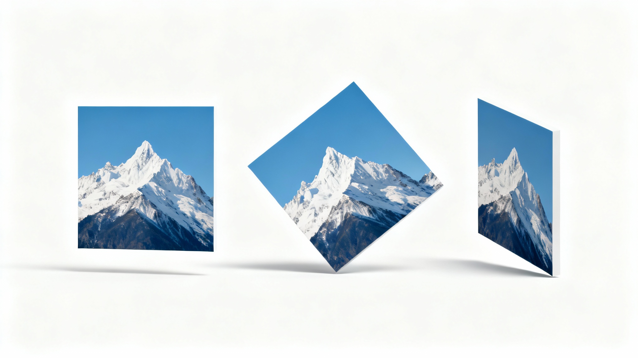 A sequence of three identical photos of a mountain, with each one rotated further to the right, demonstrating the concept of rotating an image.