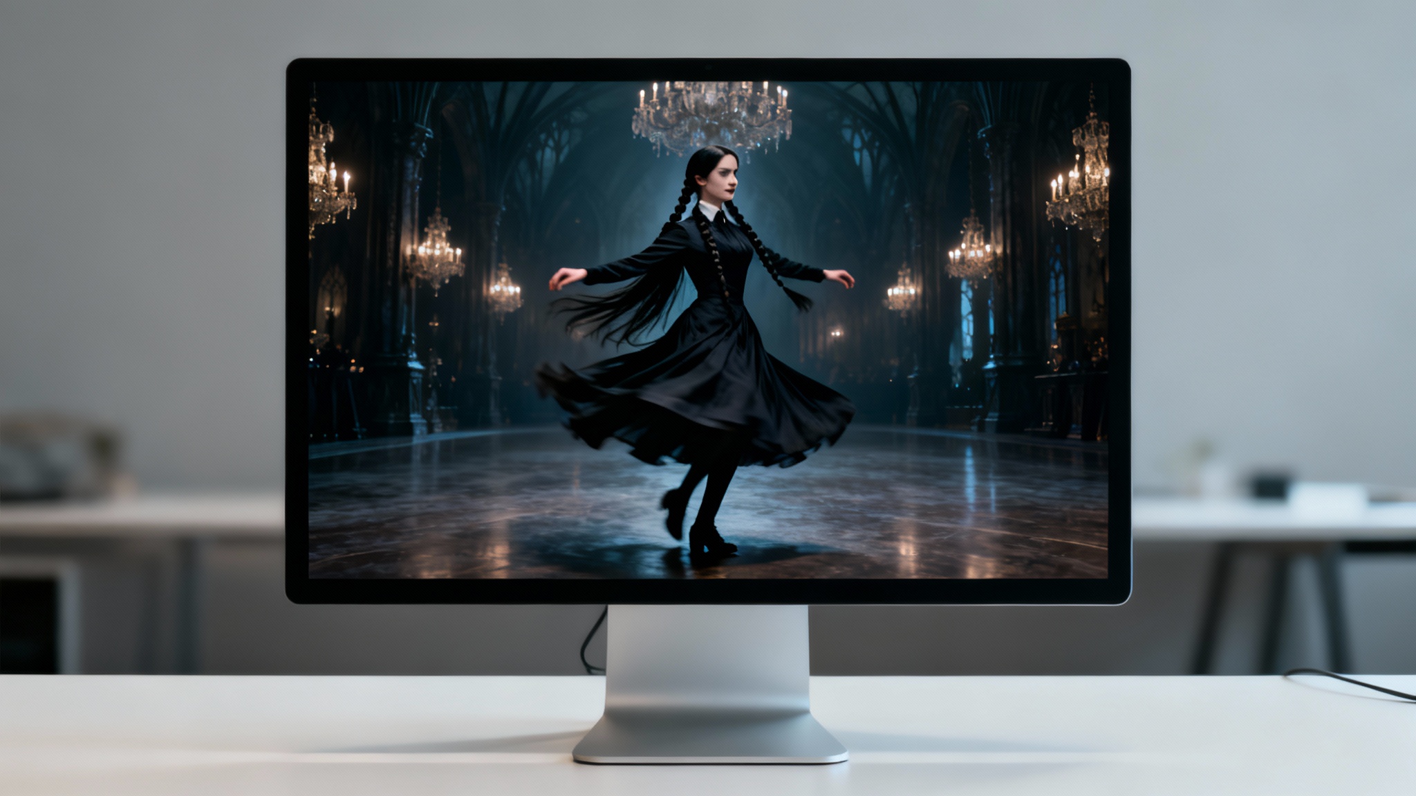 A modern computer monitor on a clean desk displaying a finished desktop wallpaper of Wednesday Addams dancing in a dark, gothic ballroom.