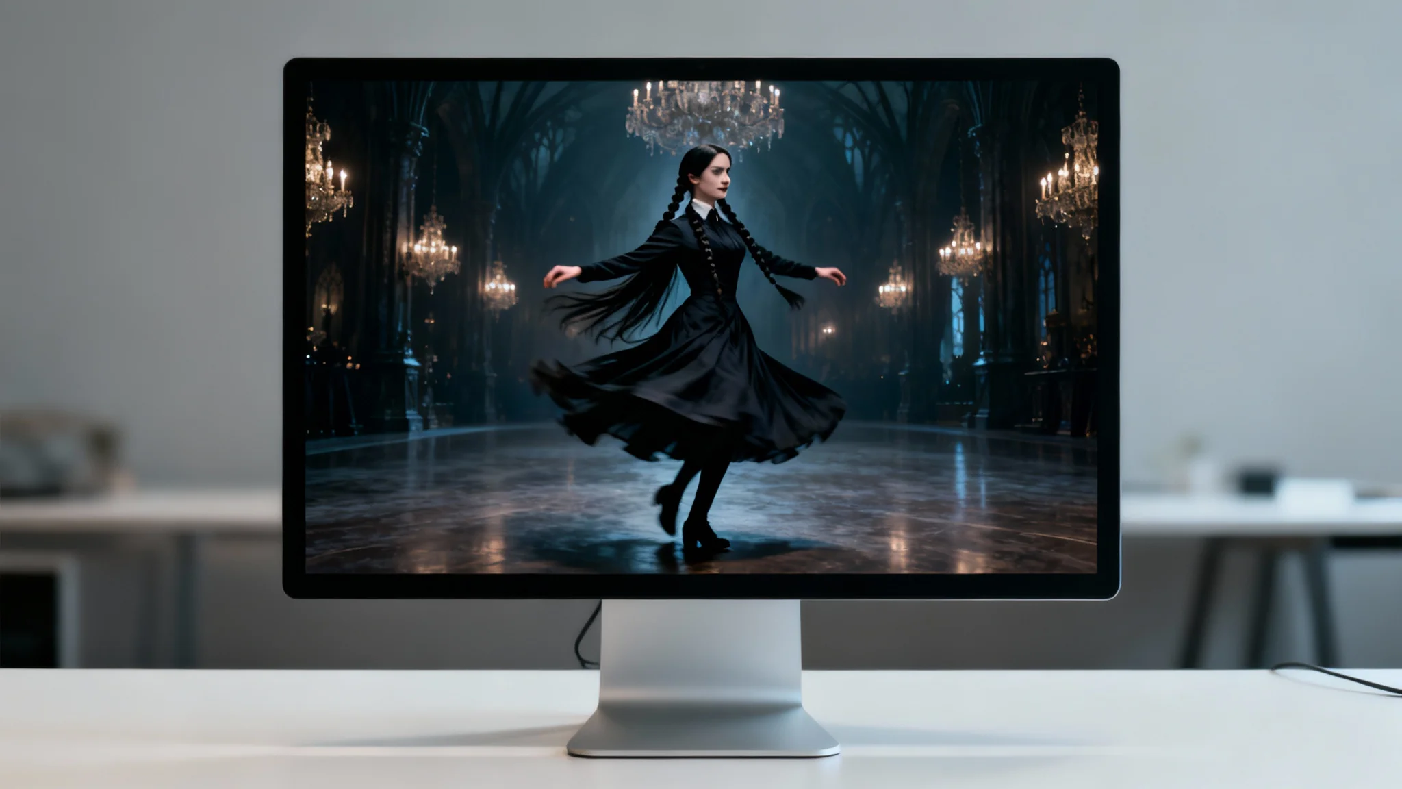 A modern computer monitor on a clean desk displaying a finished desktop wallpaper of Wednesday Addams dancing in a dark, gothic ballroom.