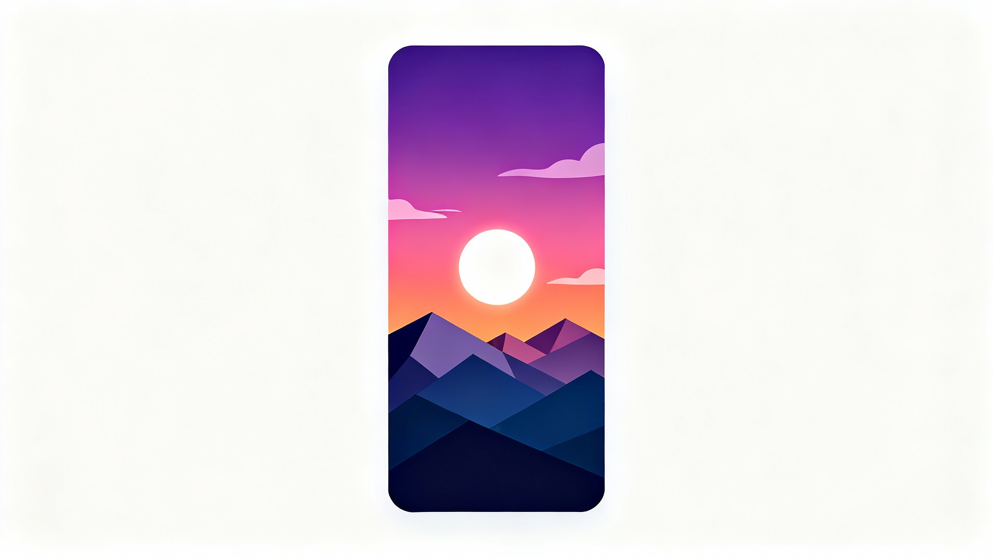 A modern phone wallpaper design showing a stylized mountain range at dusk, with a large, glowing moon in a purple and orange gradient sky.