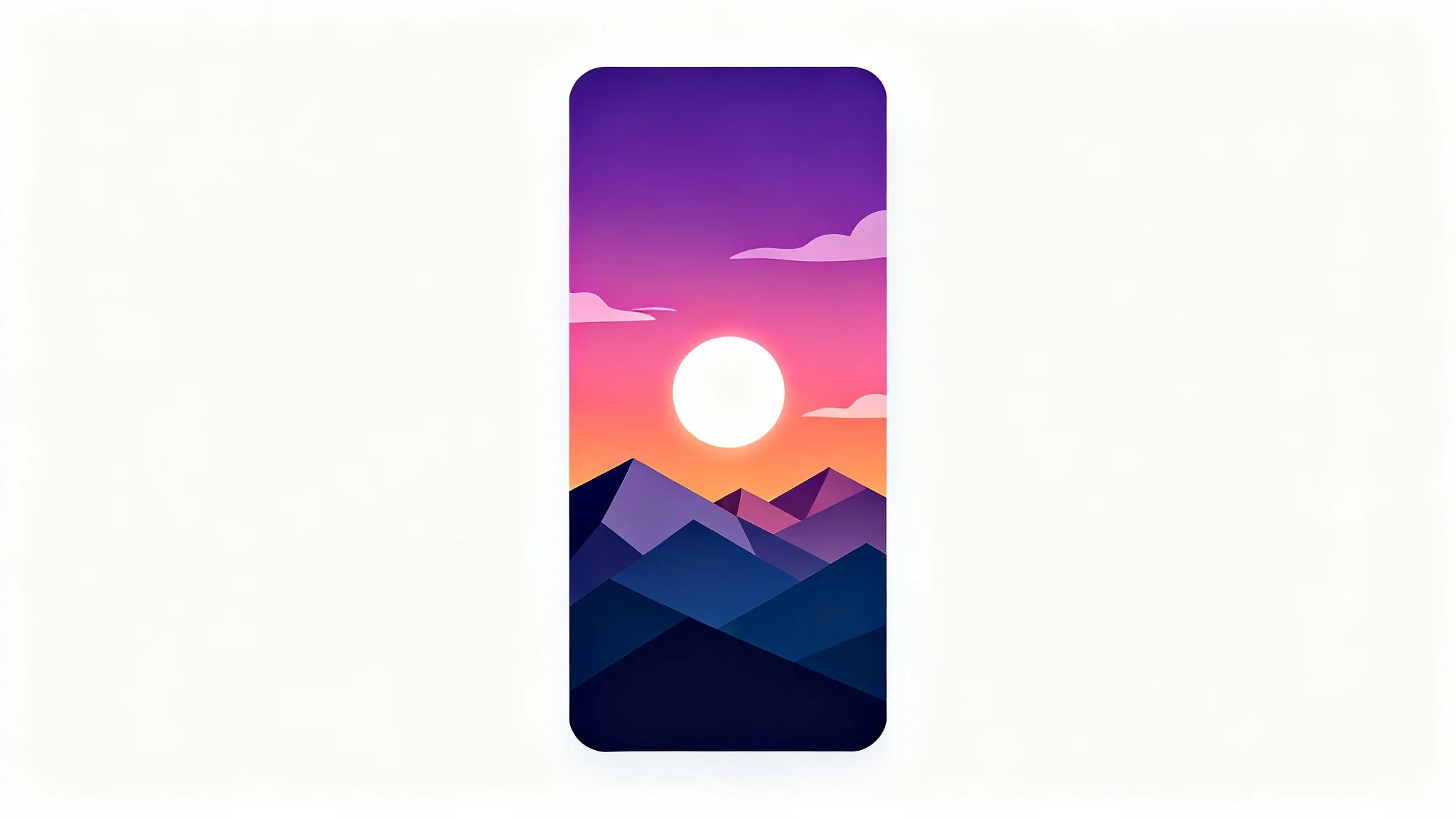 A modern phone wallpaper design showing a stylized mountain range at dusk, with a large, glowing moon in a purple and orange gradient sky.