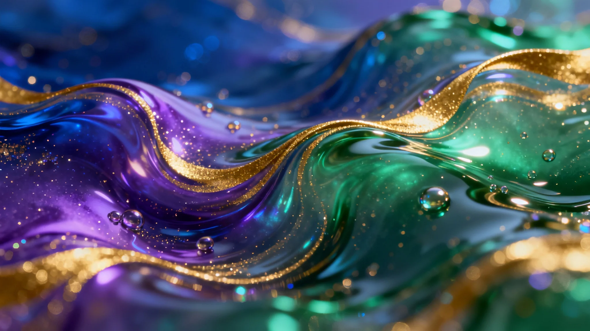 A luxurious abstract phone wallpaper featuring swirling iridescent liquids in blue, purple, and green, mixed with elegant ribbons of liquid gold.