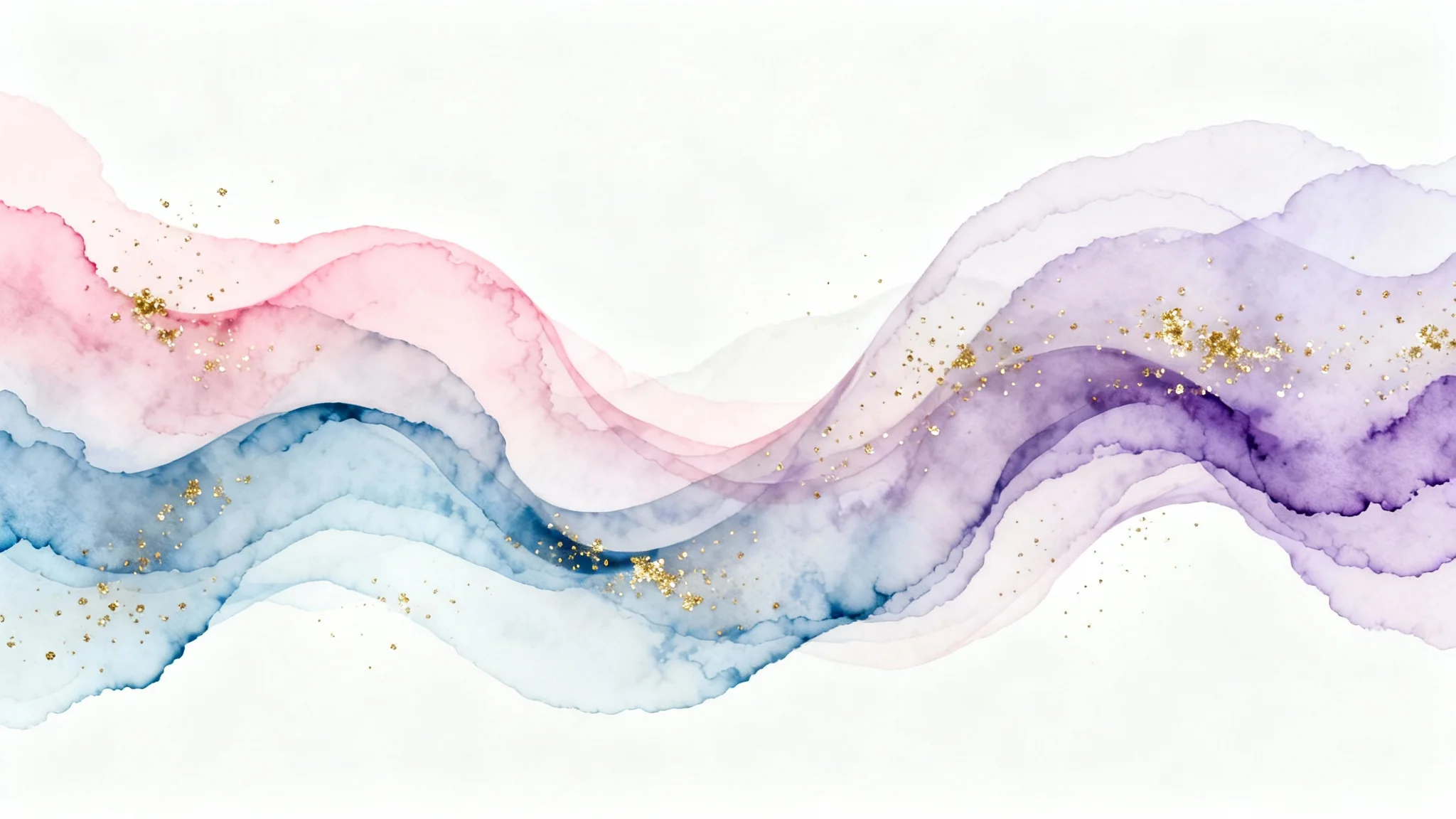 An abstract wallpaper design with flowing, dreamy waves of pastel pink, blue, and lavender, with hints of gold glitter, shown against a plain white background.