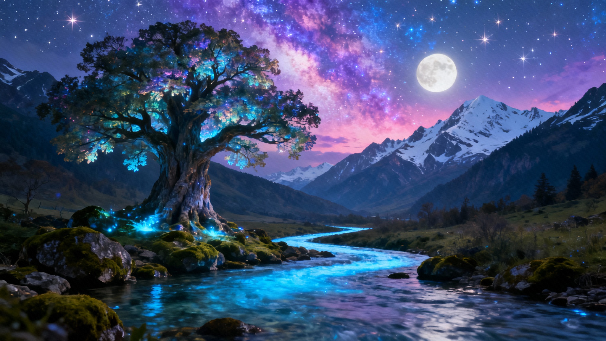 A magical fantasy landscape wallpaper at twilight, featuring a glowing blue river, a giant iridescent tree, and a nebula in the starry sky above snow-capped mountains.