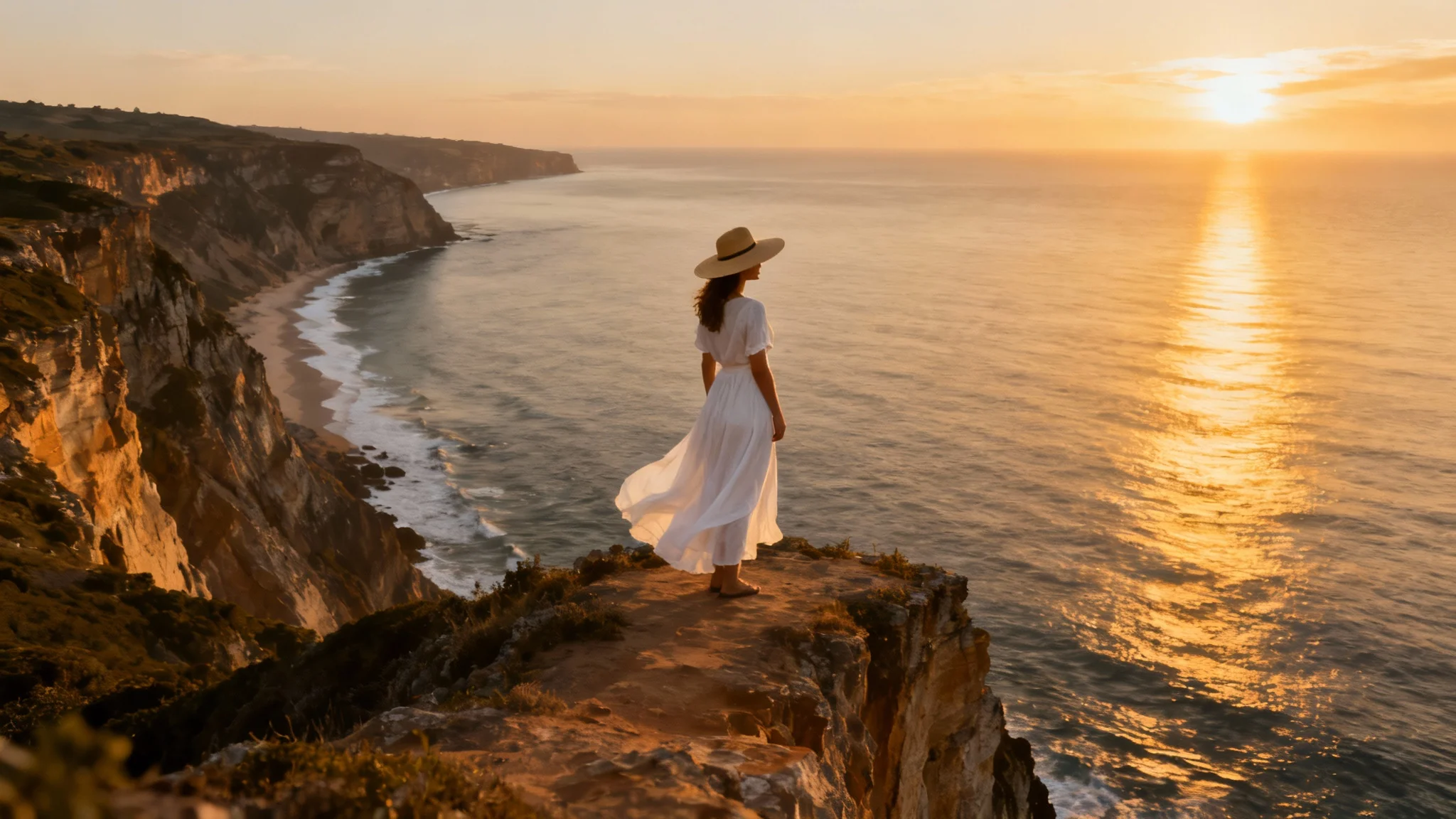 A wide landscape photo showing a woman on a cliff overlooking the ocean at sunset. This image demonstrates the result of an AI tool that has expanded an original portrait photo into a full, breathtaking landscape scene.