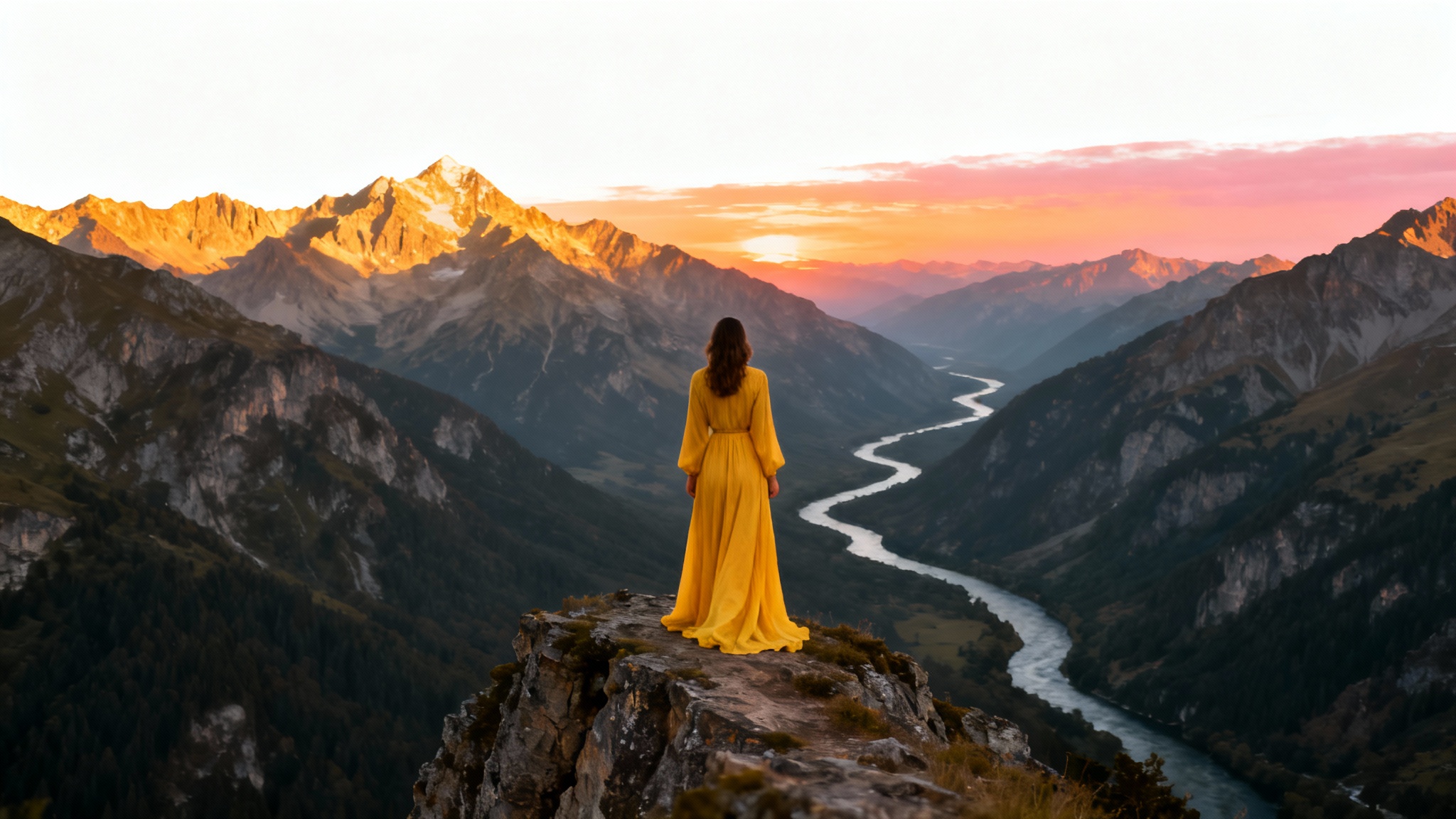A visual representation of an image being converted from portrait to landscape. A central portrait of a woman on a cliff expands outwards to reveal a full panoramic mountain sunset scene.
