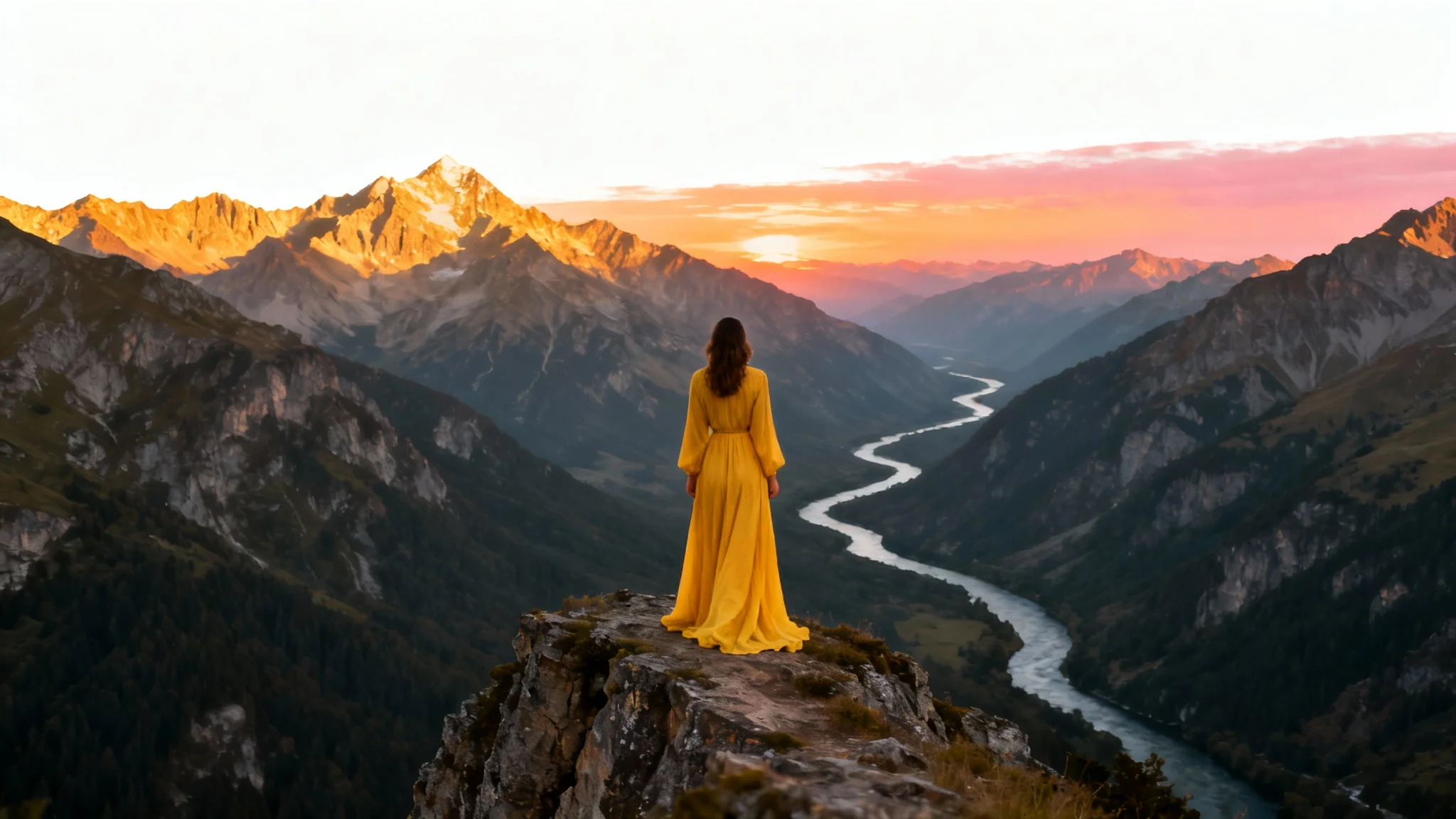 A visual representation of an image being converted from portrait to landscape. A central portrait of a woman on a cliff expands outwards to reveal a full panoramic mountain sunset scene.