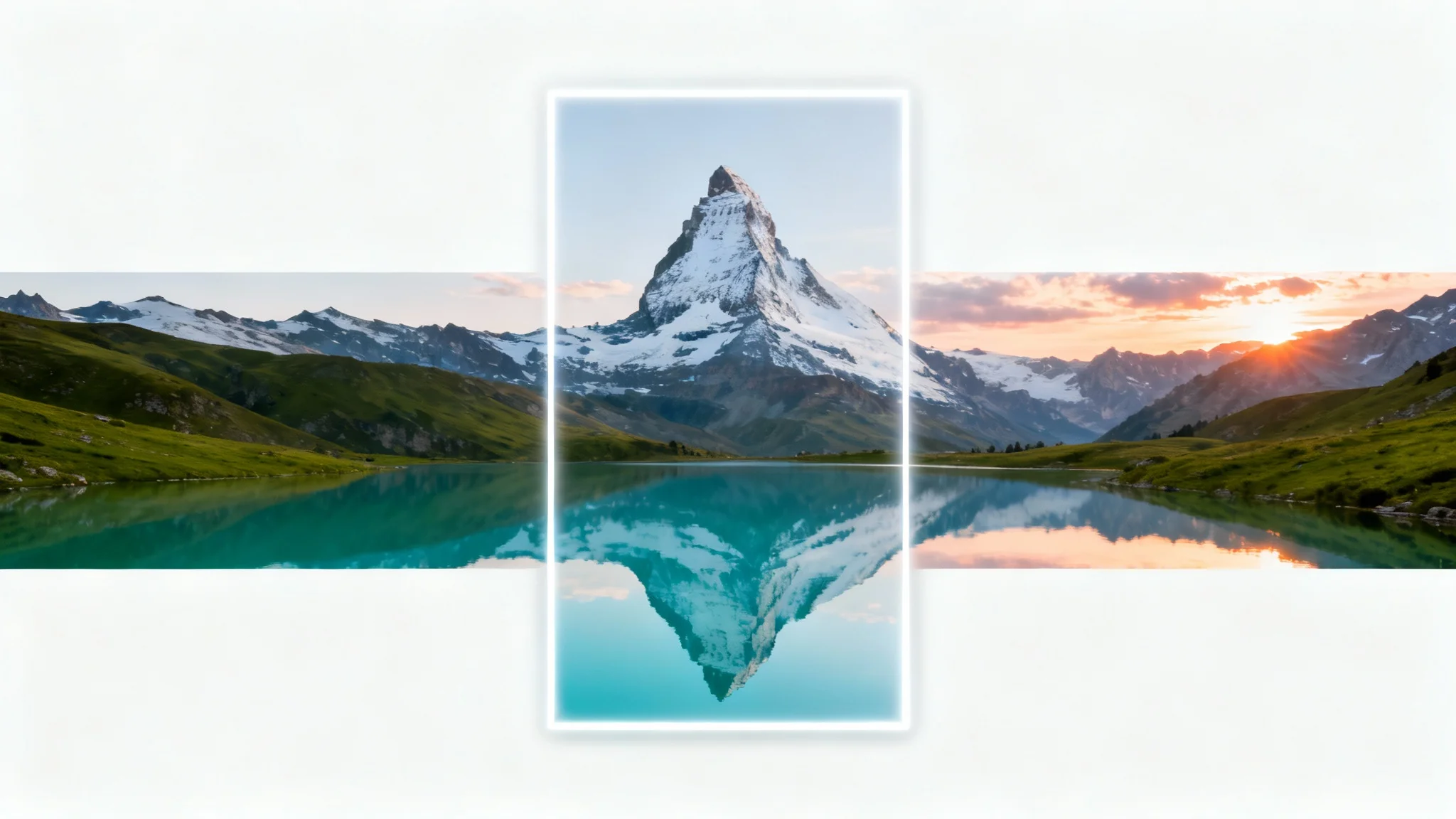 A visual representation of converting a portrait image to landscape. A central portrait photo of a mountain is shown expanding outwards into a full landscape panorama of the entire mountain range.