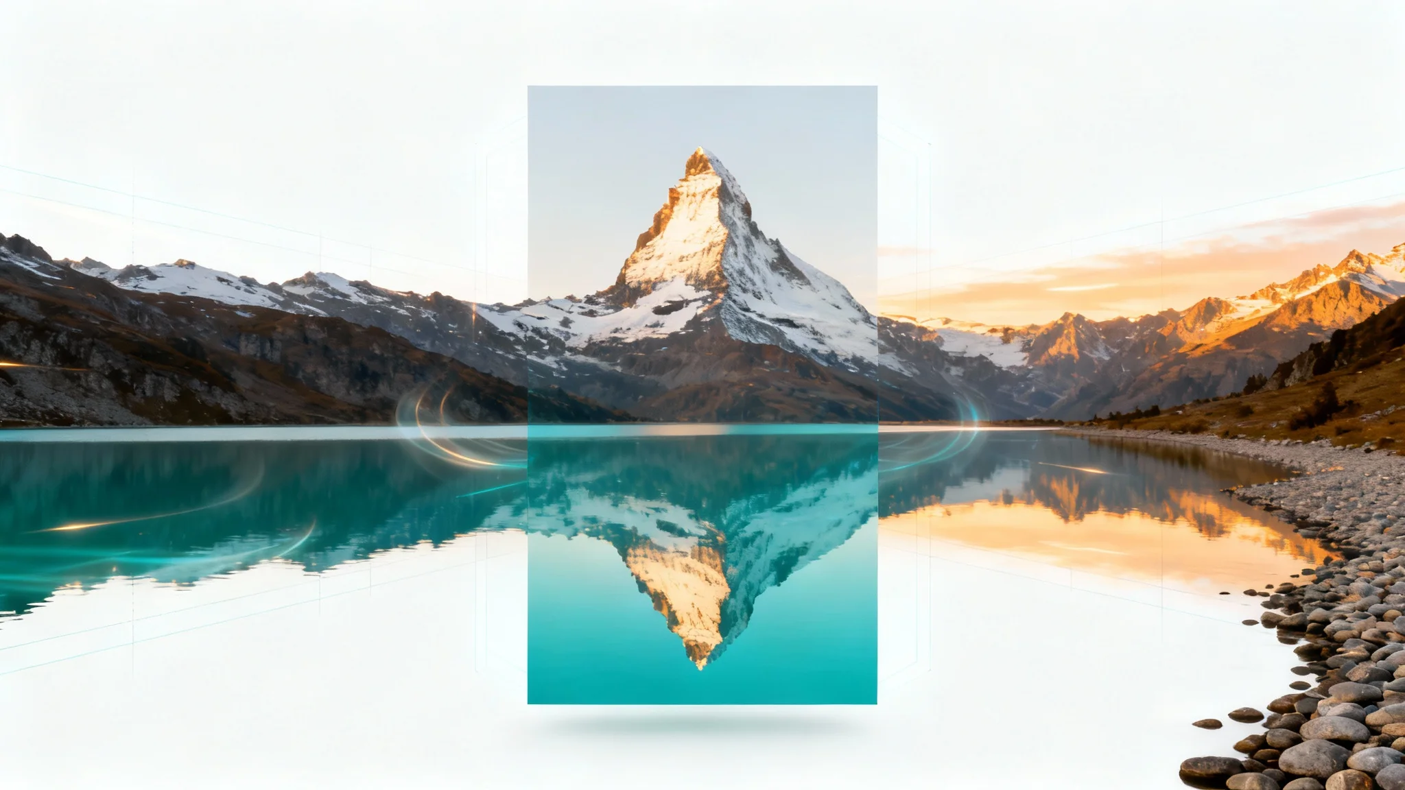 An image demonstrating a portrait-to-landscape conversion, where a vertical photo of a mountain and lake is magically extended horizontally to create a wider, panoramic scene.