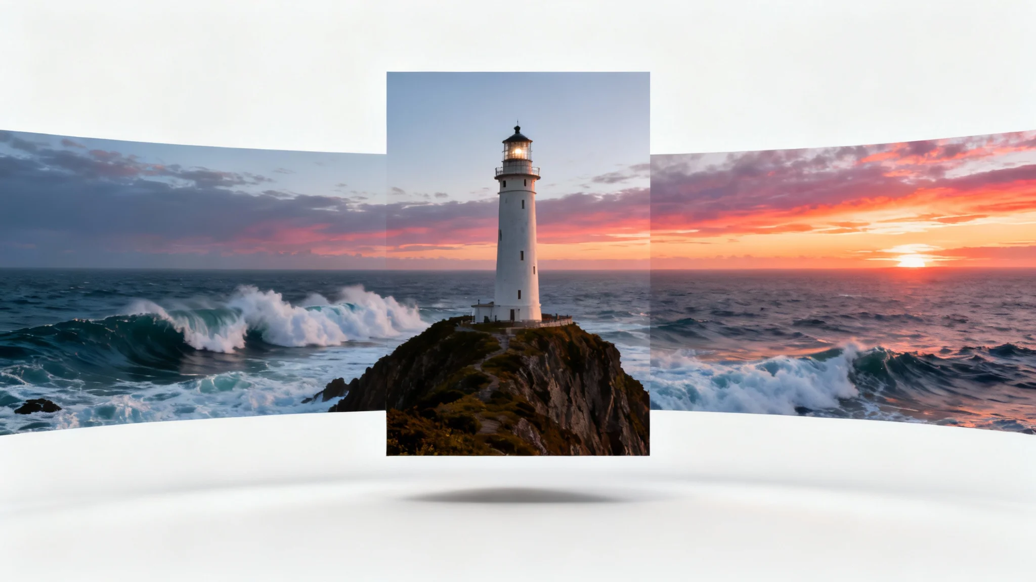 A visual metaphor showing a portrait image of a lighthouse on a cliff expanding into a full landscape scene with the ocean and sunset, set against a white background.