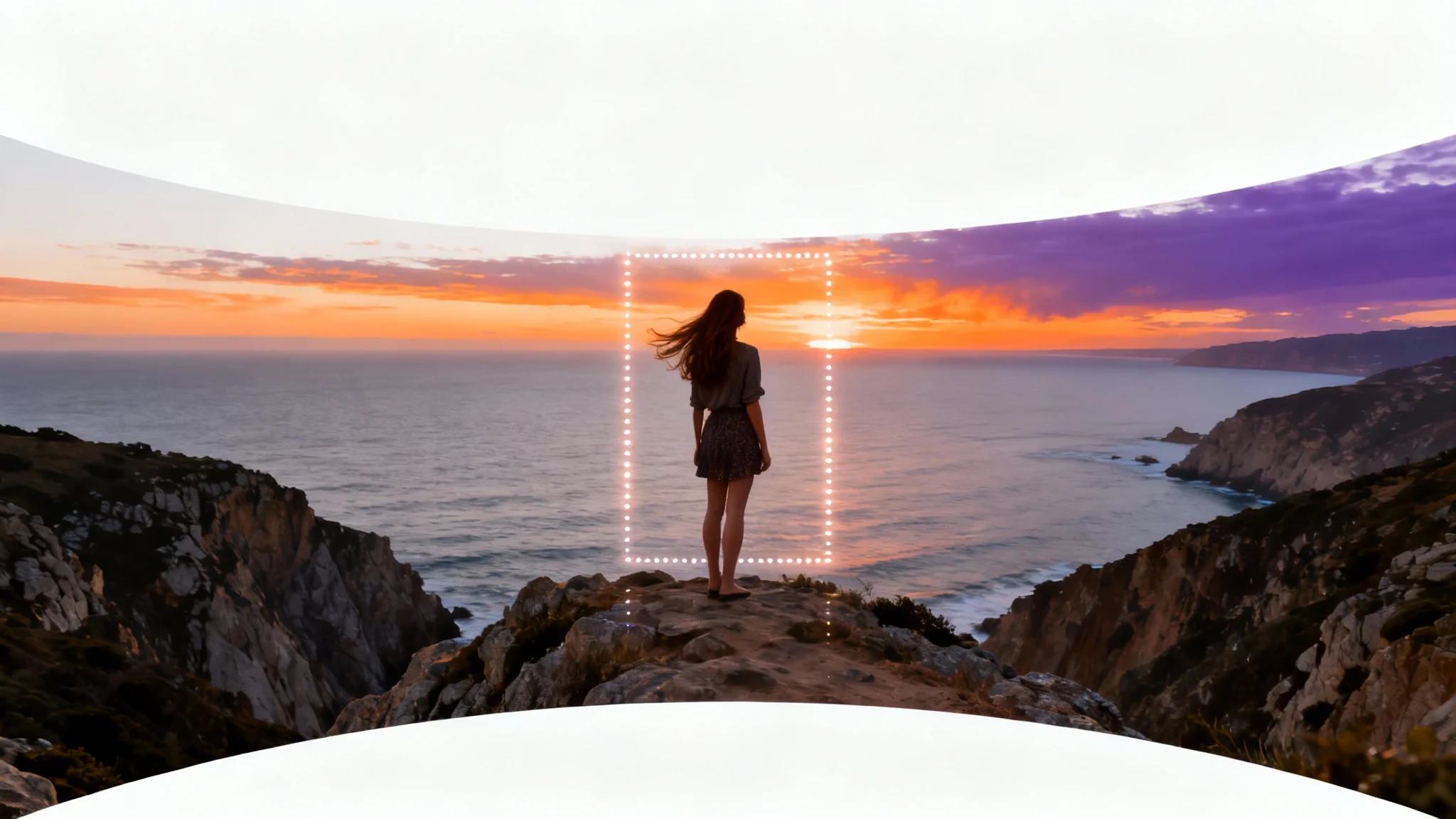 A visual mockup illustrating a portrait image being converted to landscape. A central portrait of a woman on a cliff is shown expanding outwards to reveal a wide, scenic sunset over the ocean.