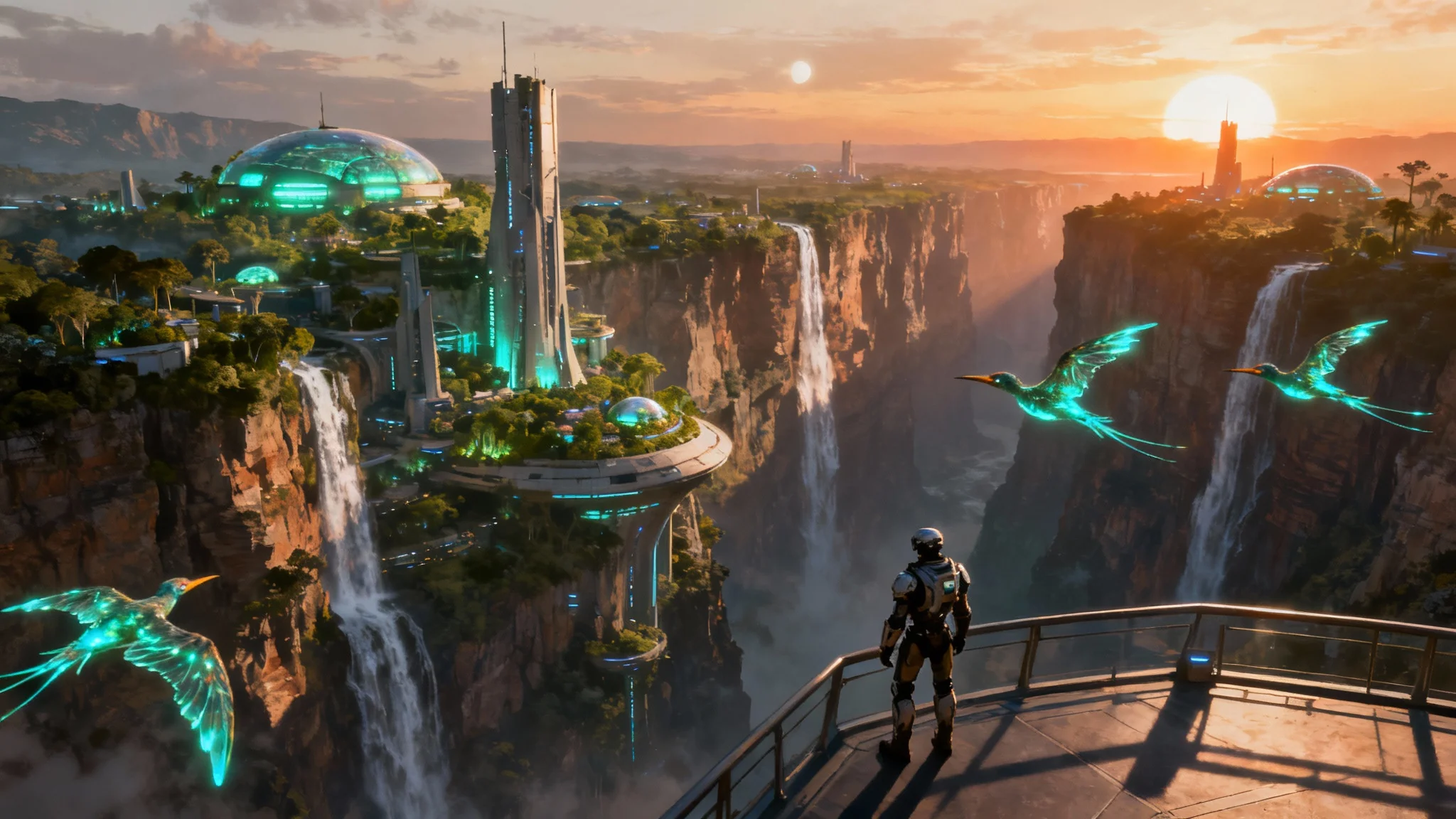Epic concept art showing a lone figure overlooking a futuristic city built into a giant canyon at sunset, with waterfalls and flying creatures.