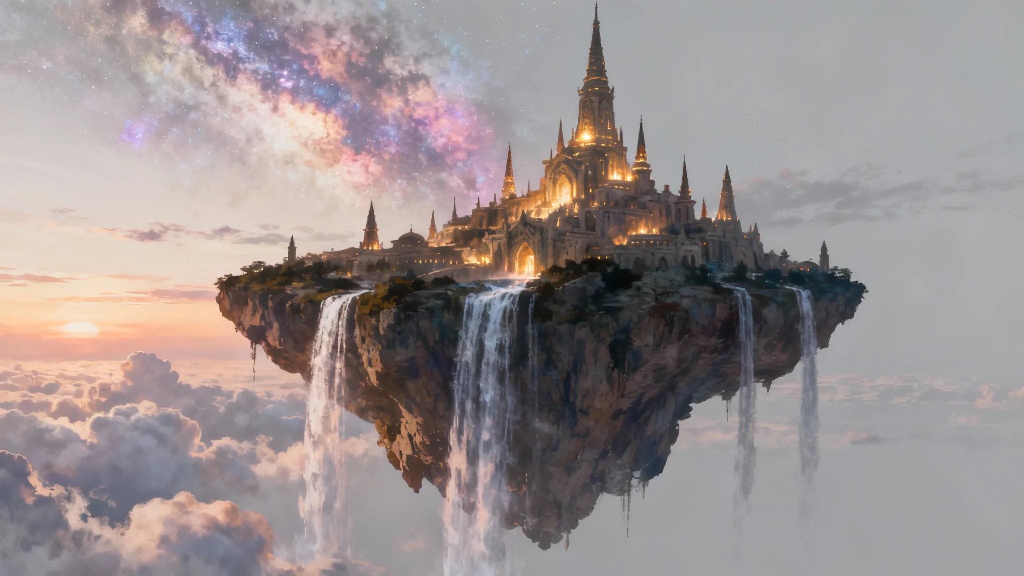 A piece of concept art showing a majestic castle on a floating island with waterfalls, set against a dawn sky. The style is a detailed digital painting.