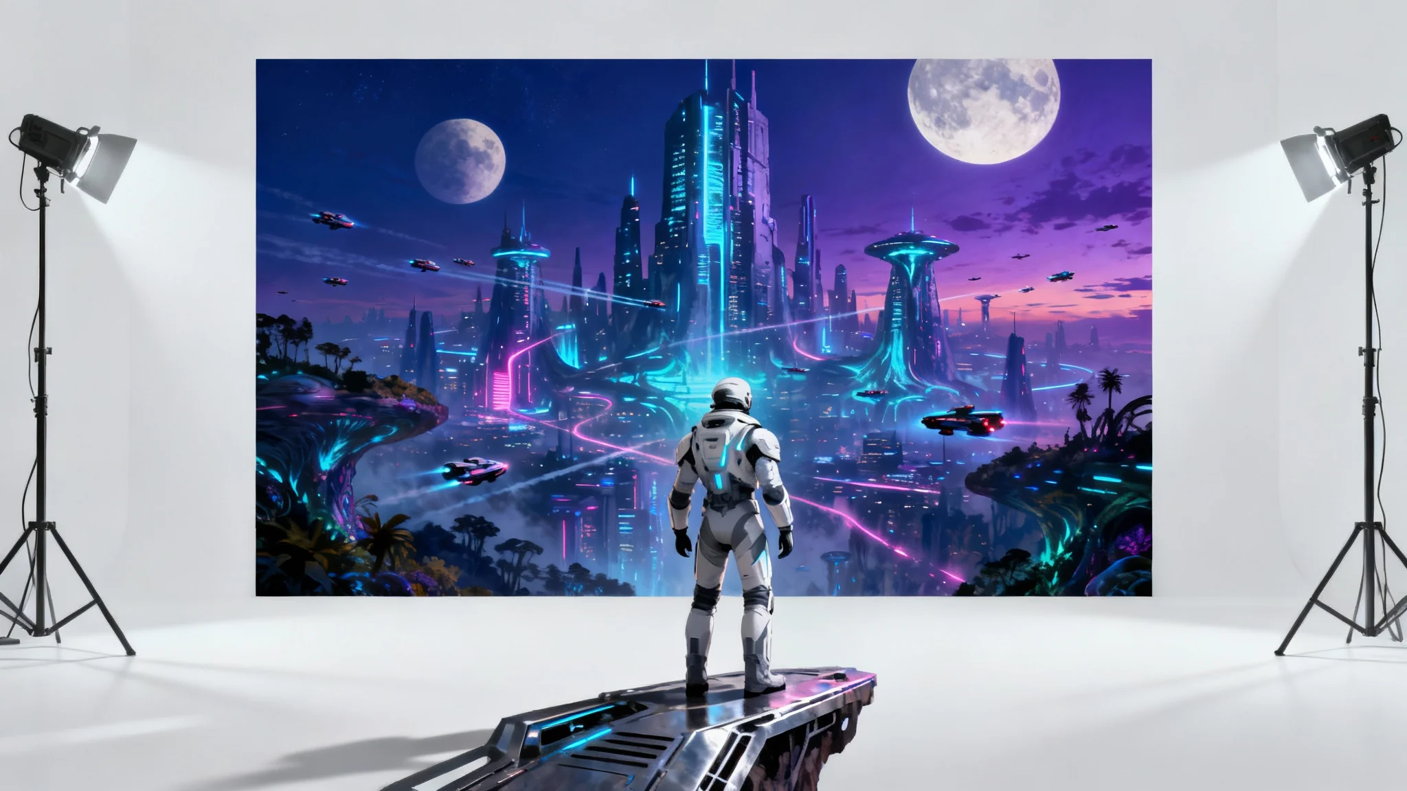 A piece of concept art showing a space explorer in a white suit looking out over a vast, futuristic alien city under a purple sky with two moons.