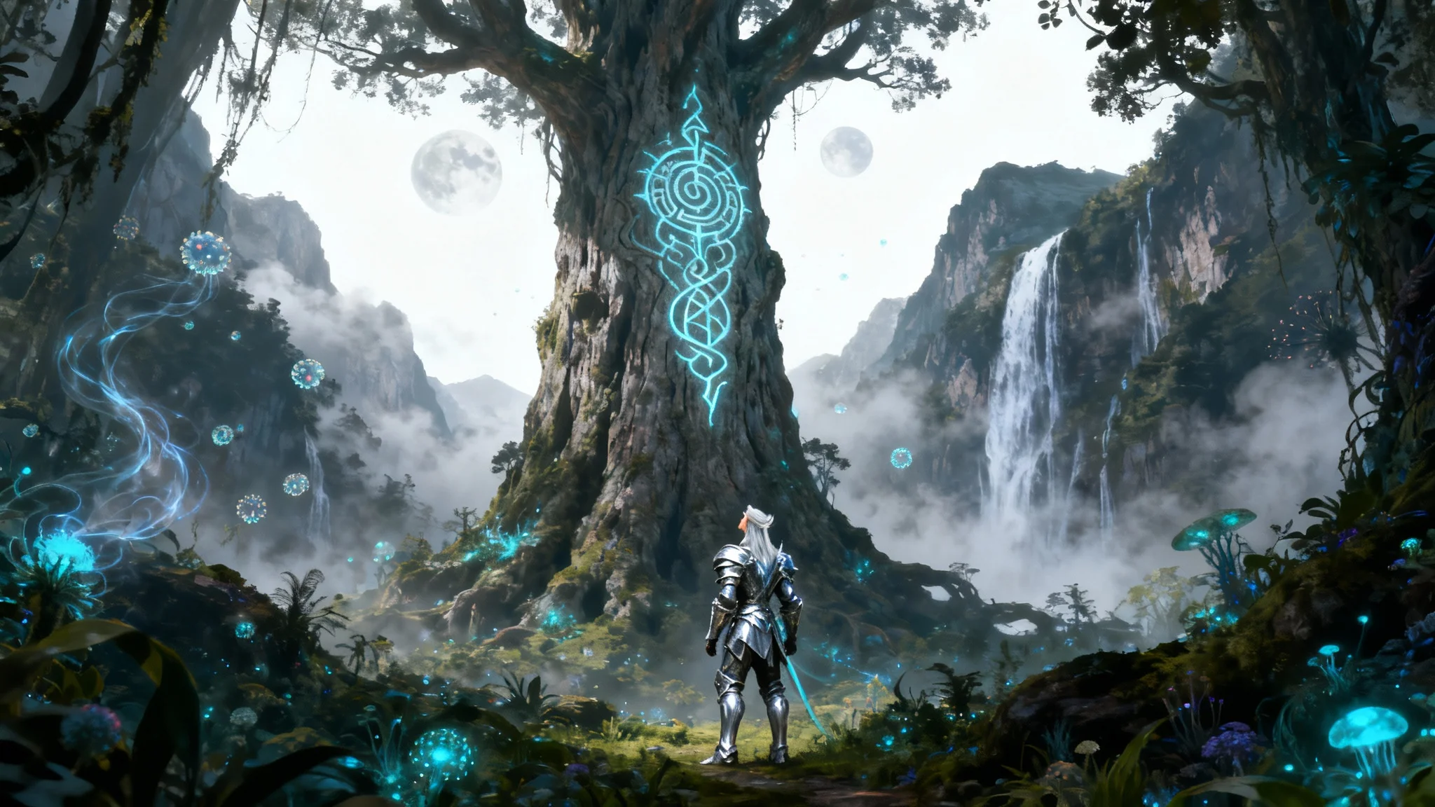 A concept art piece depicting an elven warrior standing before a giant, glowing tree in a magical, bioluminescent forest under a twin-moon sky.