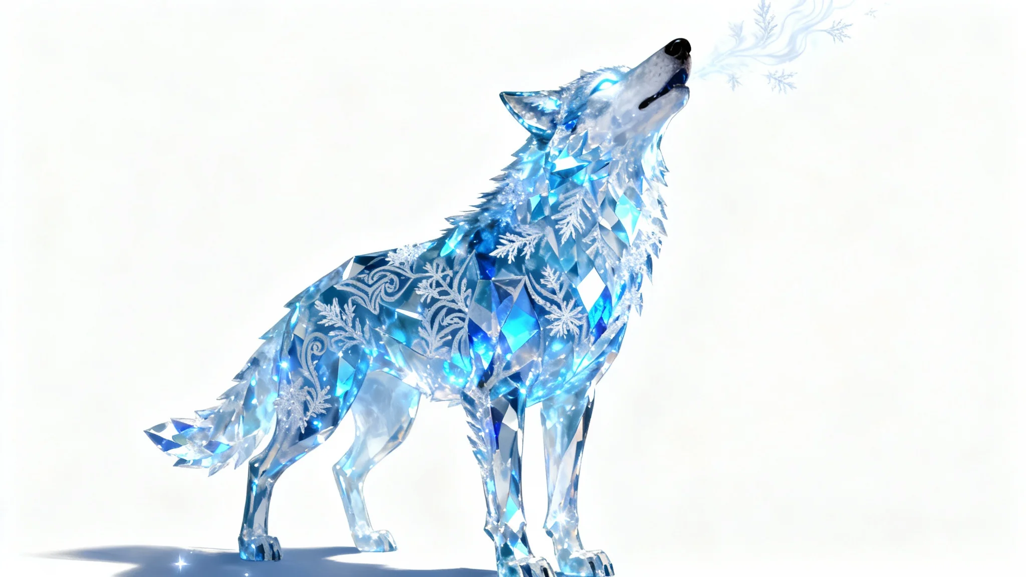 A concept art digital painting of a majestic wolf made of glowing blue crystals, howling against a stark white background.
