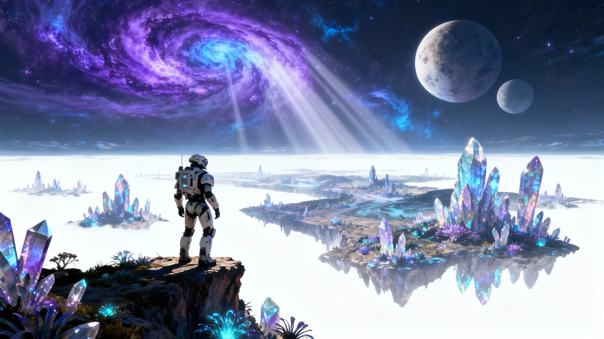 A piece of concept art showing a futuristic explorer on an alien planet with glowing crystals and two moons, demonstrating world-building and character design.