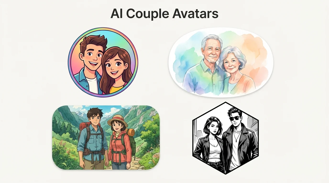 An eye-catching collage of four AI-generated couple avatars in different art styles: modern cartoon, digital watercolor, anime, and graphic novel, representing the final output of a design tool.