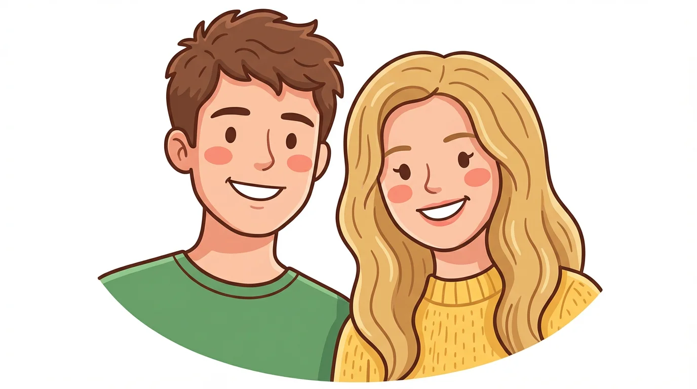 A colorful cartoon avatar of a happy young couple, a man with brown hair and a woman with blonde hair, smiling together against a plain white background.