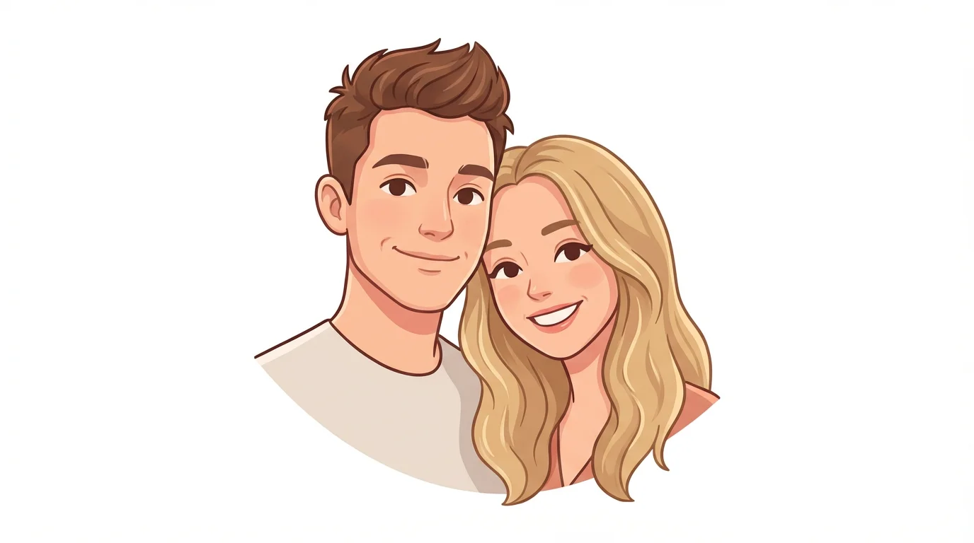 A stylized cartoon avatar of a happy couple. The man has brown hair and the woman has blonde hair, and they are smiling while posed closely together on a white background.