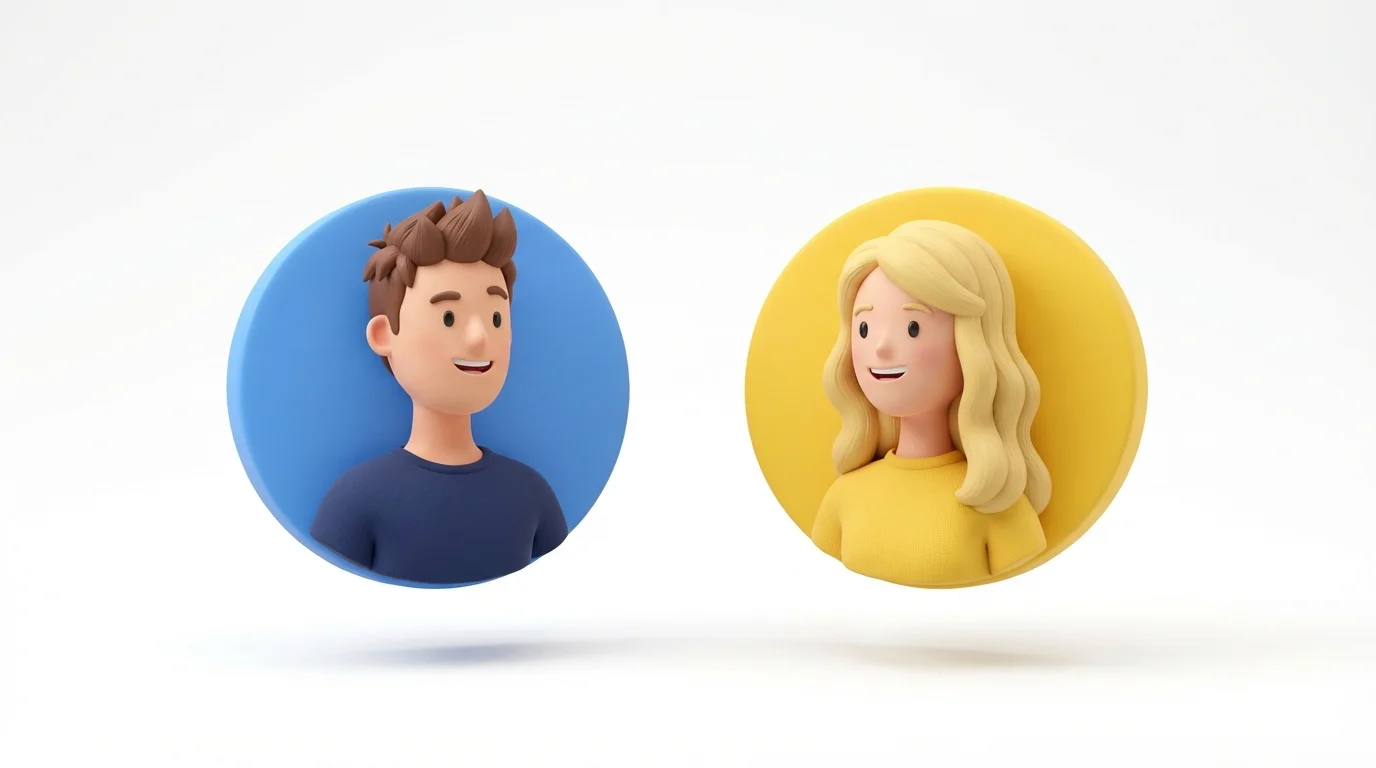 A mockup of two circular couple avatars in a modern 3D cartoon style, displayed on a clean white background. The left avatar shows a smiling man, and the right shows a smiling woman, positioned to be looking at one another.