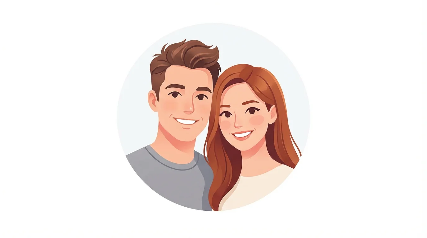 A modern, stylized digital avatar showing a smiling young couple in a circular frame against a white background, representing a custom couple avatar.