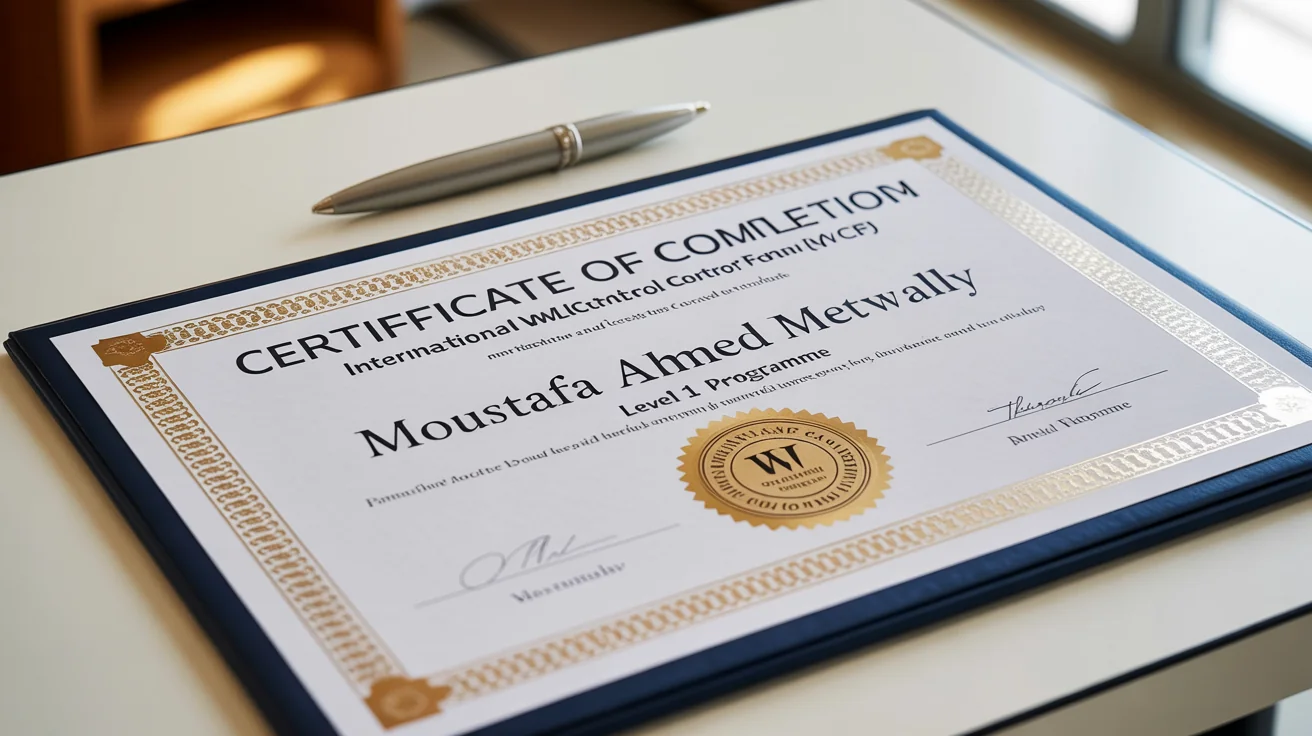 A professionally edited certificate of completion for the IWCF Level 1 Programme, with the name 'Moustafa Ahmed Metwally' clearly displayed on a clean background.