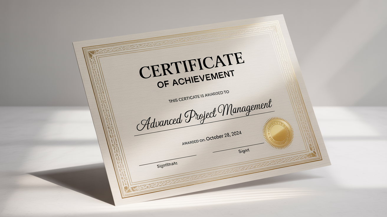 A professional certificate of achievement mockup with gold foil details and elegant typography, displayed on a clean white background.
