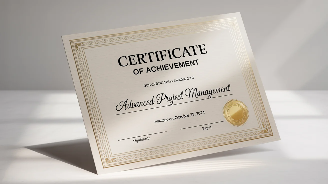 A professional certificate of achievement mockup with gold foil details and elegant typography, displayed on a clean white background.