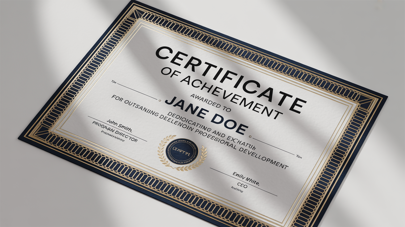 A professional and elegant Certificate of Achievement for 'Jane Doe', featuring a gold and navy blue border and an embossed gold seal, set against a clean white background.
