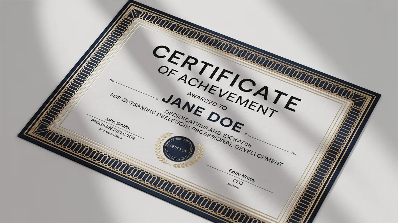 A professional and elegant Certificate of Achievement for 'Jane Doe', featuring a gold and navy blue border and an embossed gold seal, set against a clean white background.