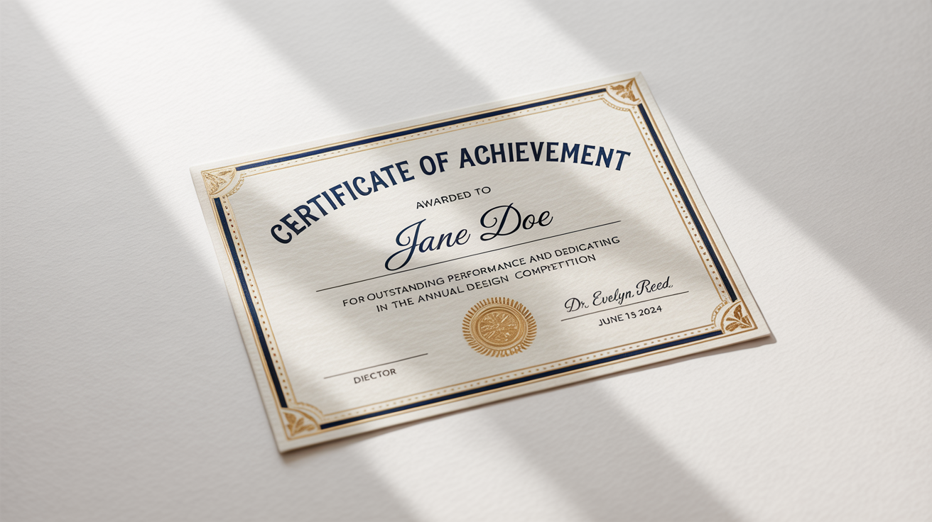 A professional certificate of achievement mockup for 'Jane Doe', featuring an elegant navy and gold border, a gold foil seal, and classic typography, displayed on a clean white background.