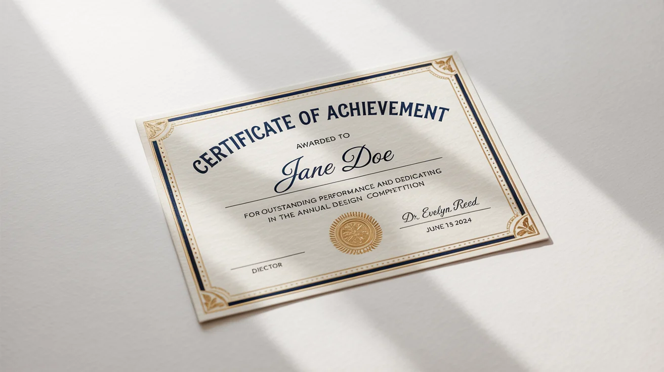 A professional certificate of achievement mockup for 'Jane Doe', featuring an elegant navy and gold border, a gold foil seal, and classic typography, displayed on a clean white background.