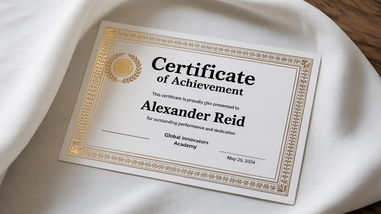 A professionally designed Certificate of Achievement for 'Alexander Reid' from the 'Global Innovators Academy', featuring an ornate gold border and an official seal, set against a white background.