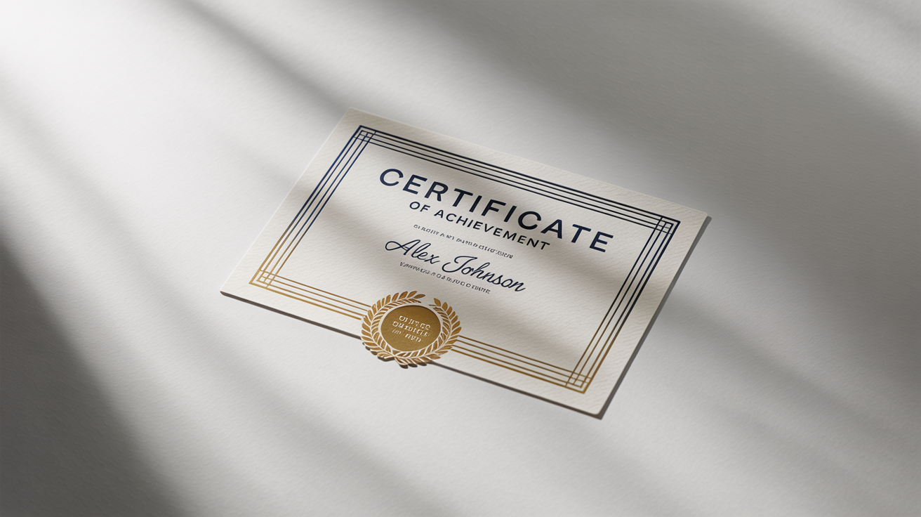 A professionally designed, modern certificate of achievement for a web development course, featuring elegant navy blue and gold foil details, lying on a clean white surface.