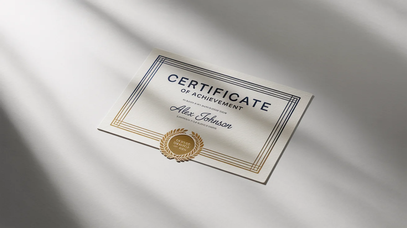 A professionally designed, modern certificate of achievement for a web development course, featuring elegant navy blue and gold foil details, lying on a clean white surface.