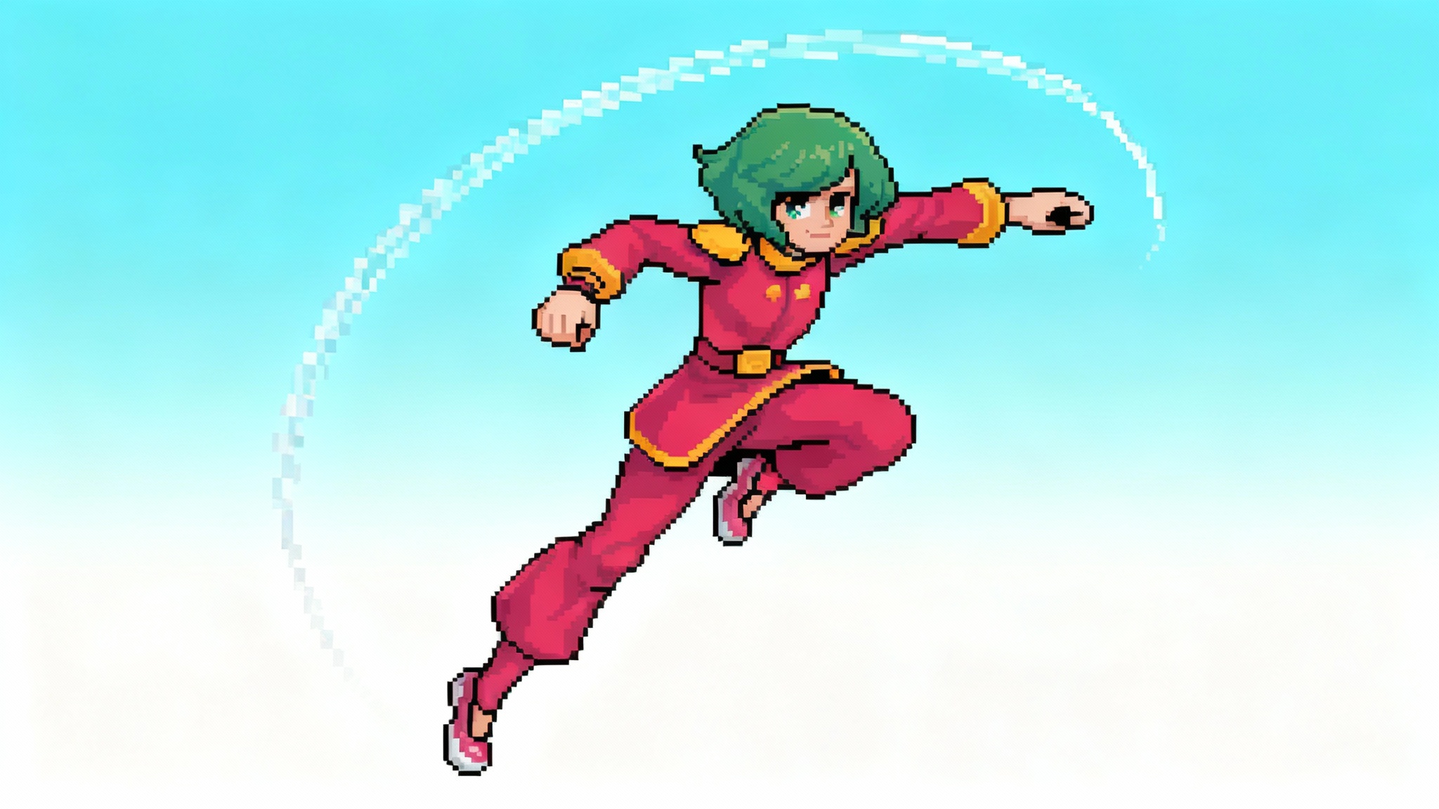 The final result of animating pixel art: a character with green hair and a red outfit is shown mid-jump, with a motion trail effect indicating smooth animation.