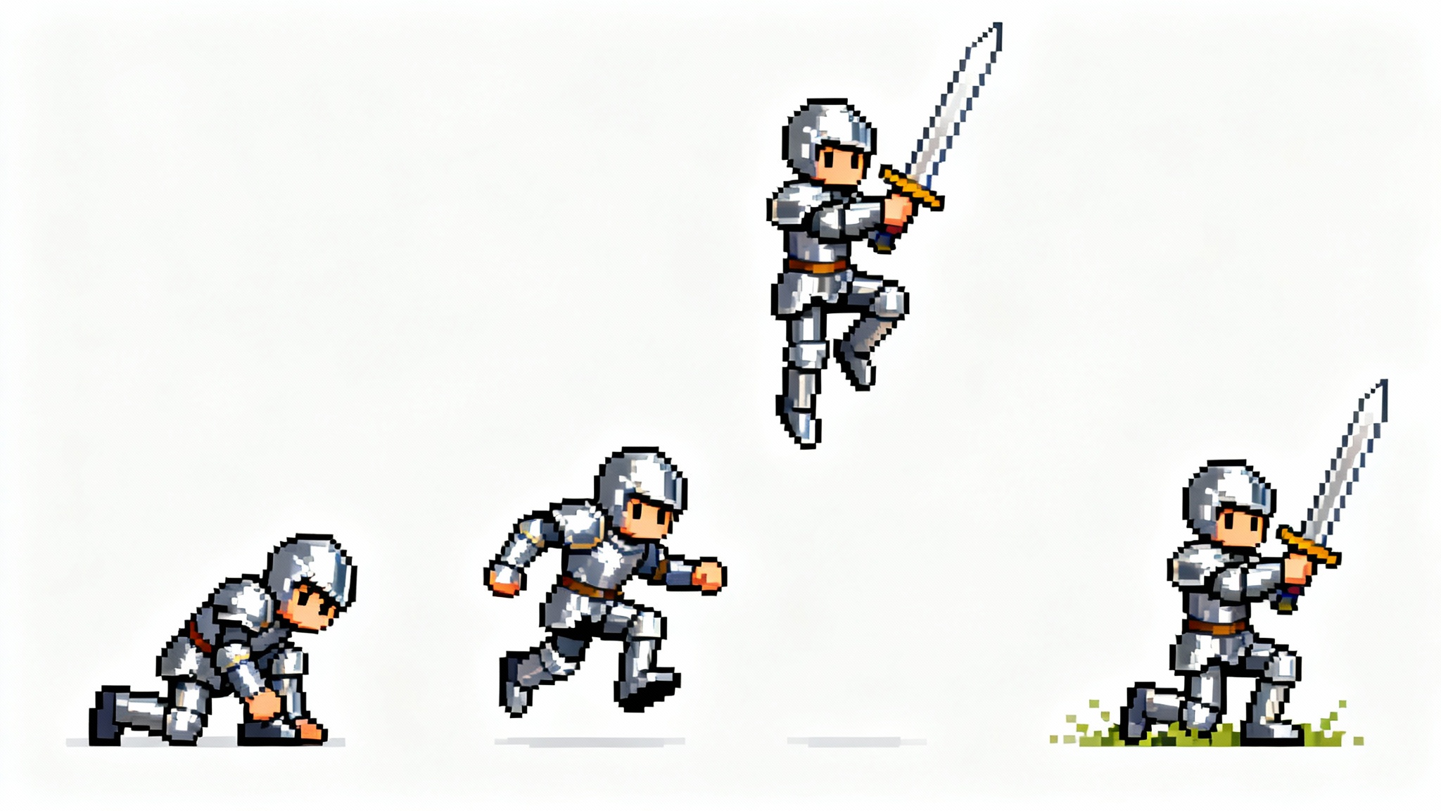 An animation sequence in pixel art showing a small knight jumping and attacking, displayed in four frames against a white background.