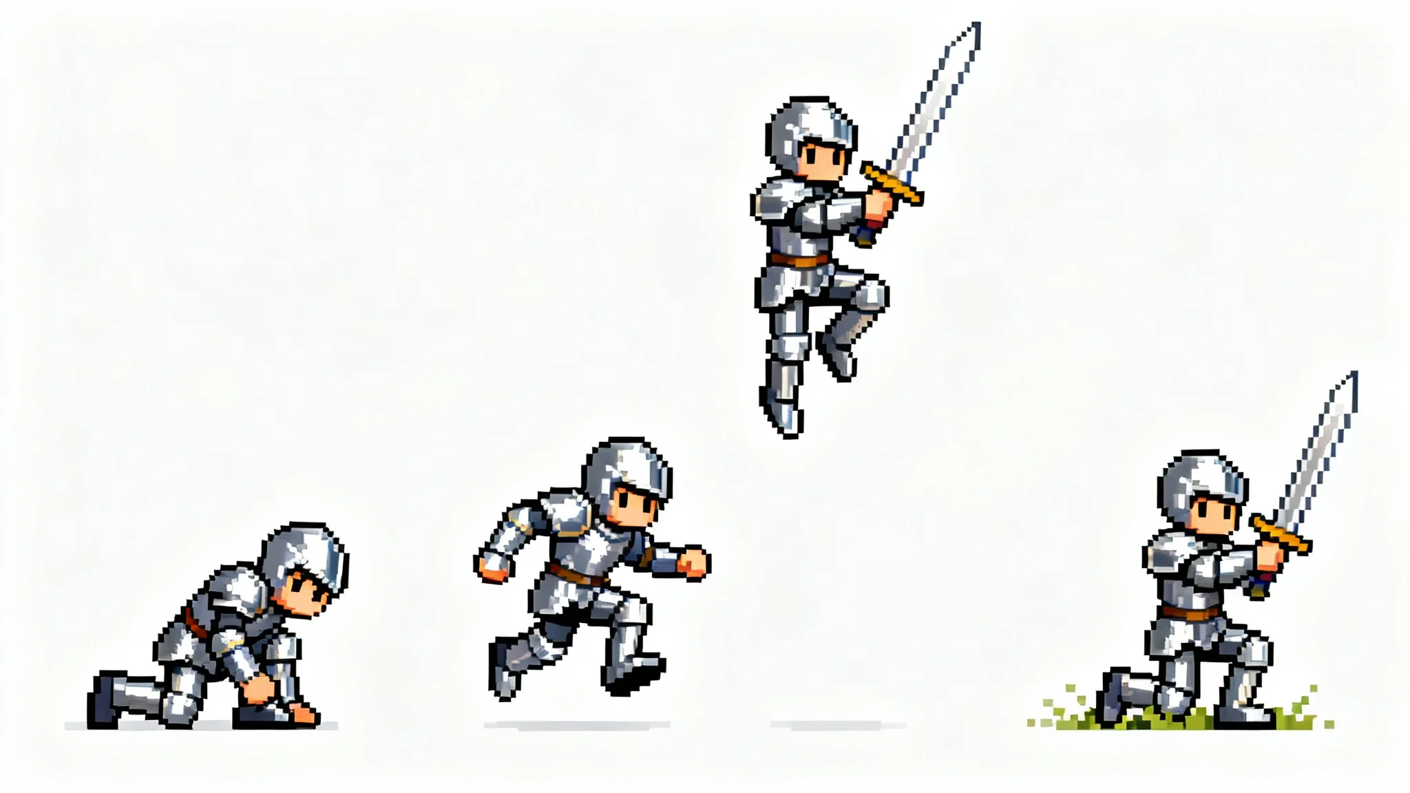 An animation sequence in pixel art showing a small knight jumping and attacking, displayed in four frames against a white background.